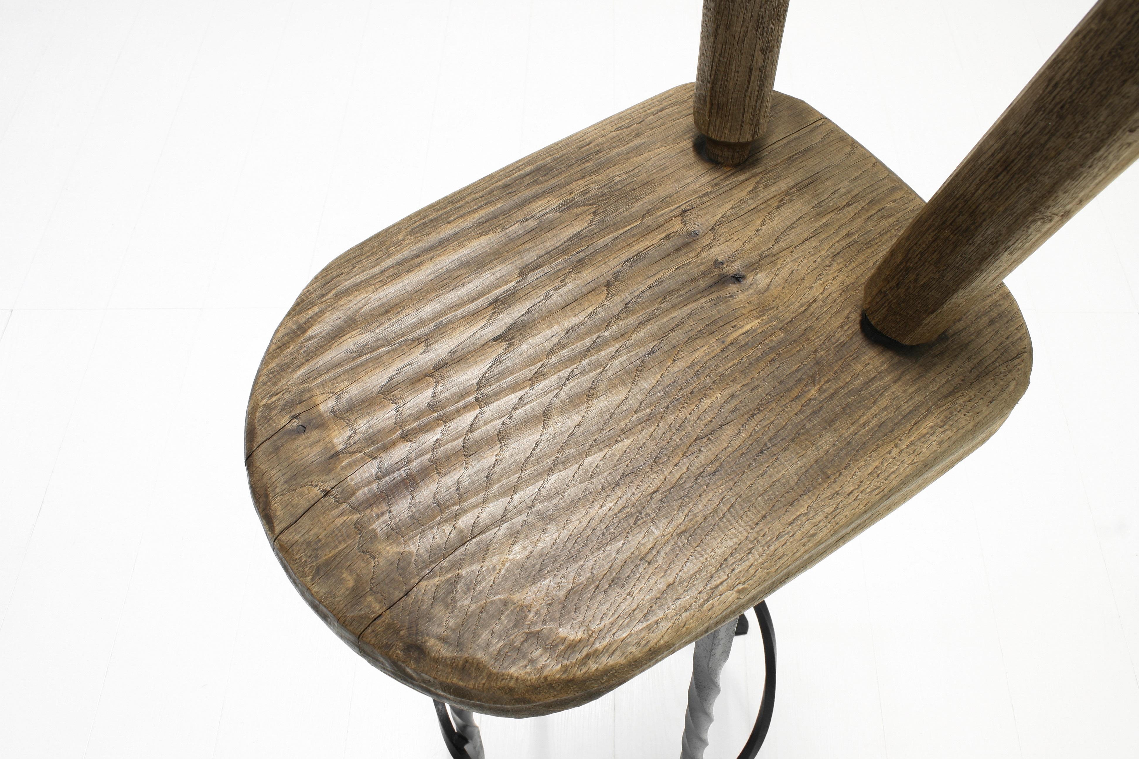 Brutalist Wrought Iron & Oak Bar Stools, 1970s, Set of 2 In Good Condition For Sale In Izegem, VWV