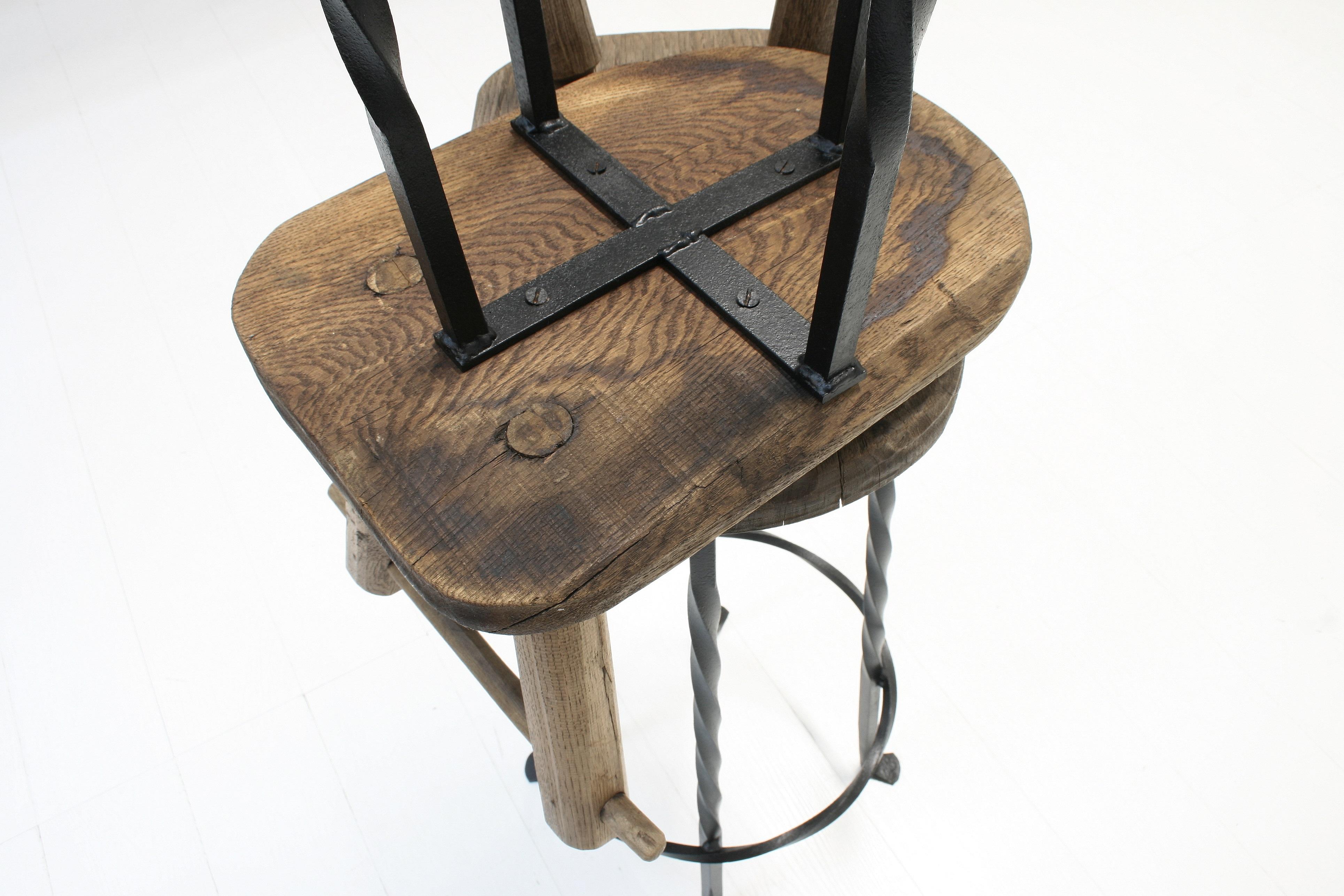 20th Century Brutalist Wrought Iron & Oak Bar Stools, 1970s, Set of 2 For Sale