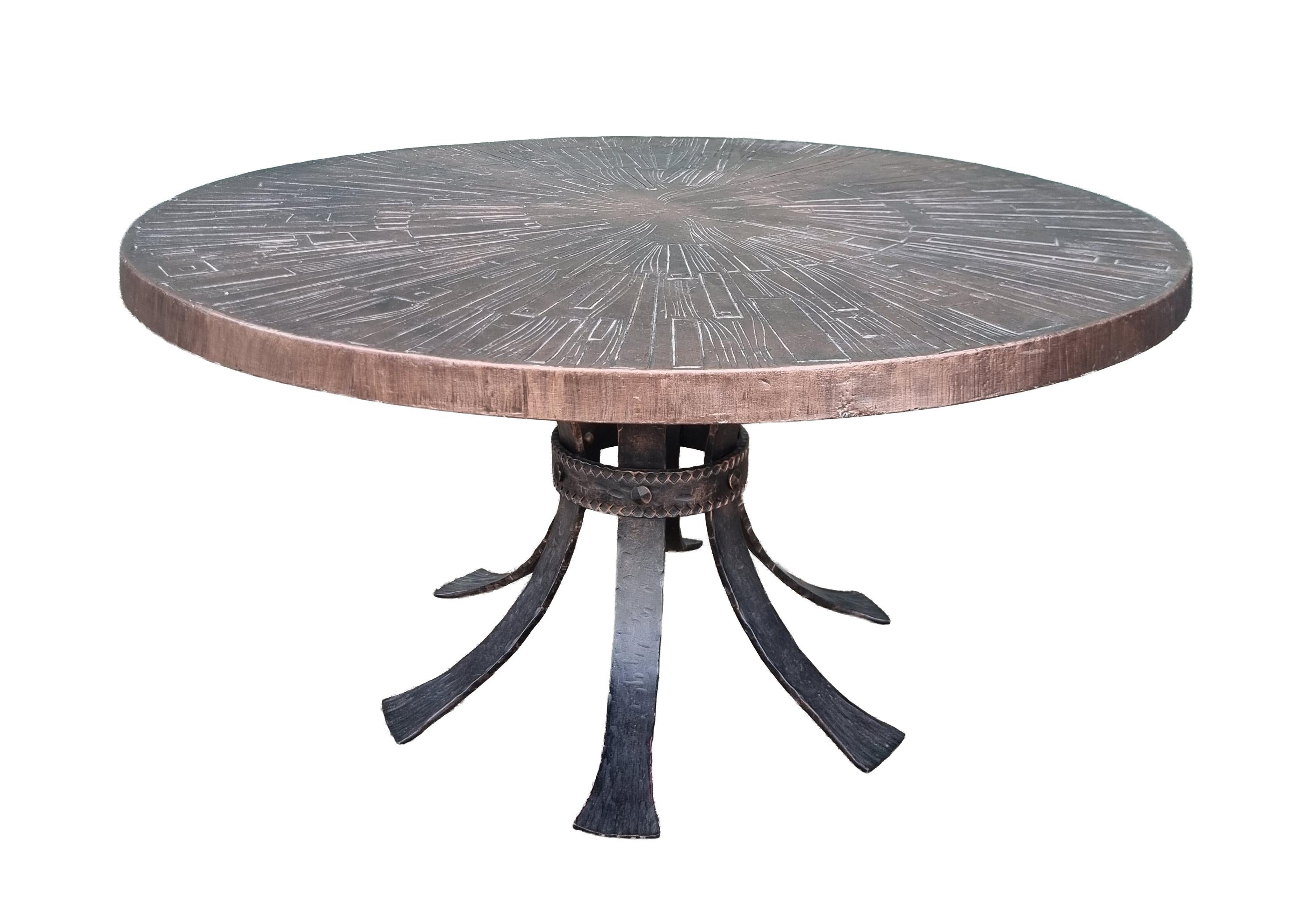 Late 20th Century Brutalist Wrought Iron Round Coffee Table with Bronzed Cast Top, Europe, 1970s For Sale