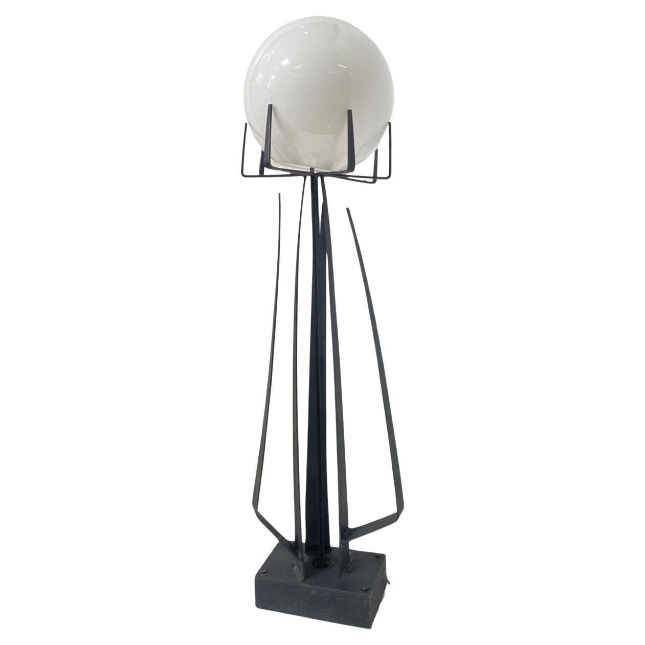Brutalist Wrought Iron Sculptural Floor Lamp with Glass Shade by Jean Maylon