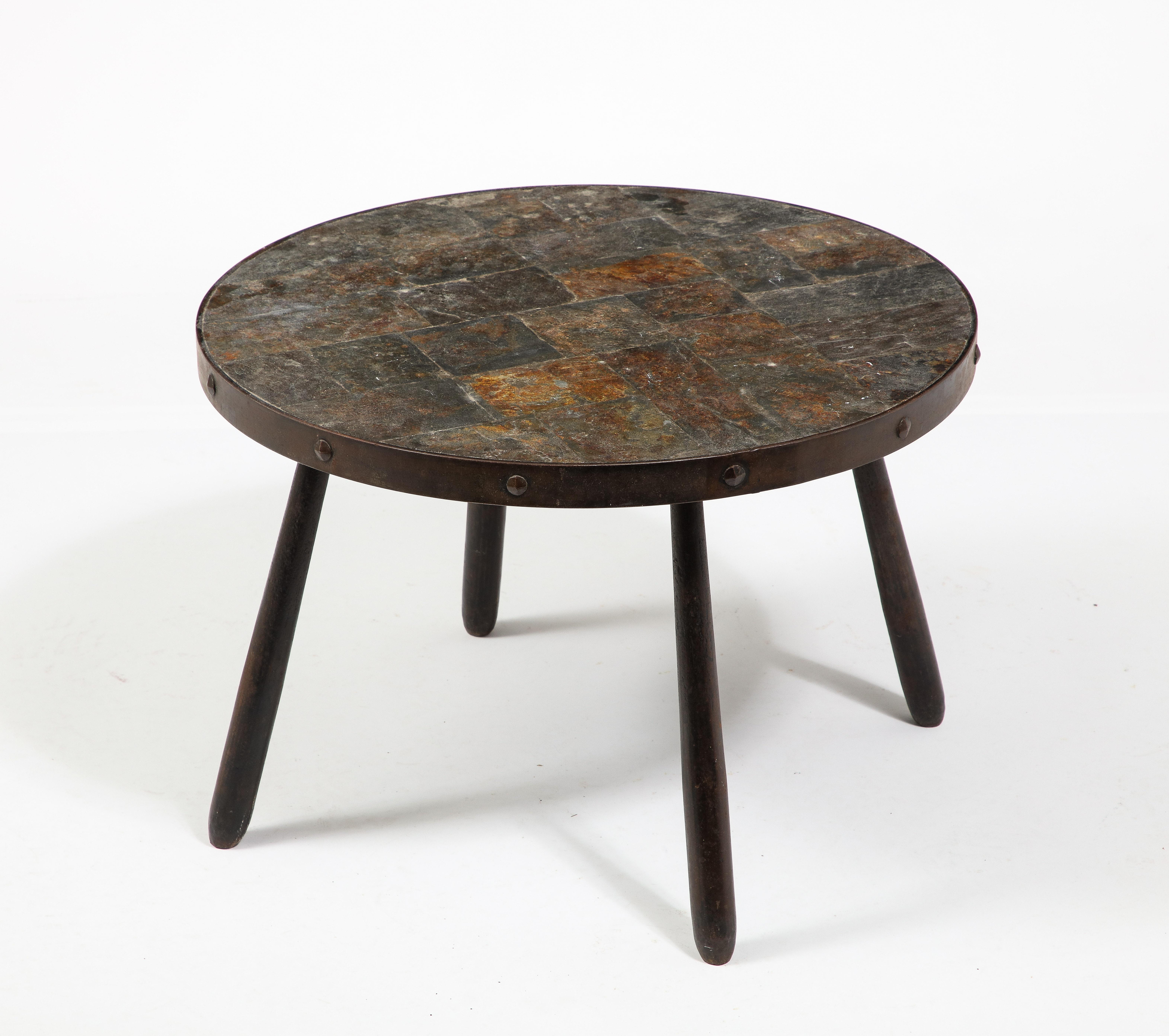 Brutalist Wrought Iron & Slate End Table, France 1950's For Sale 11