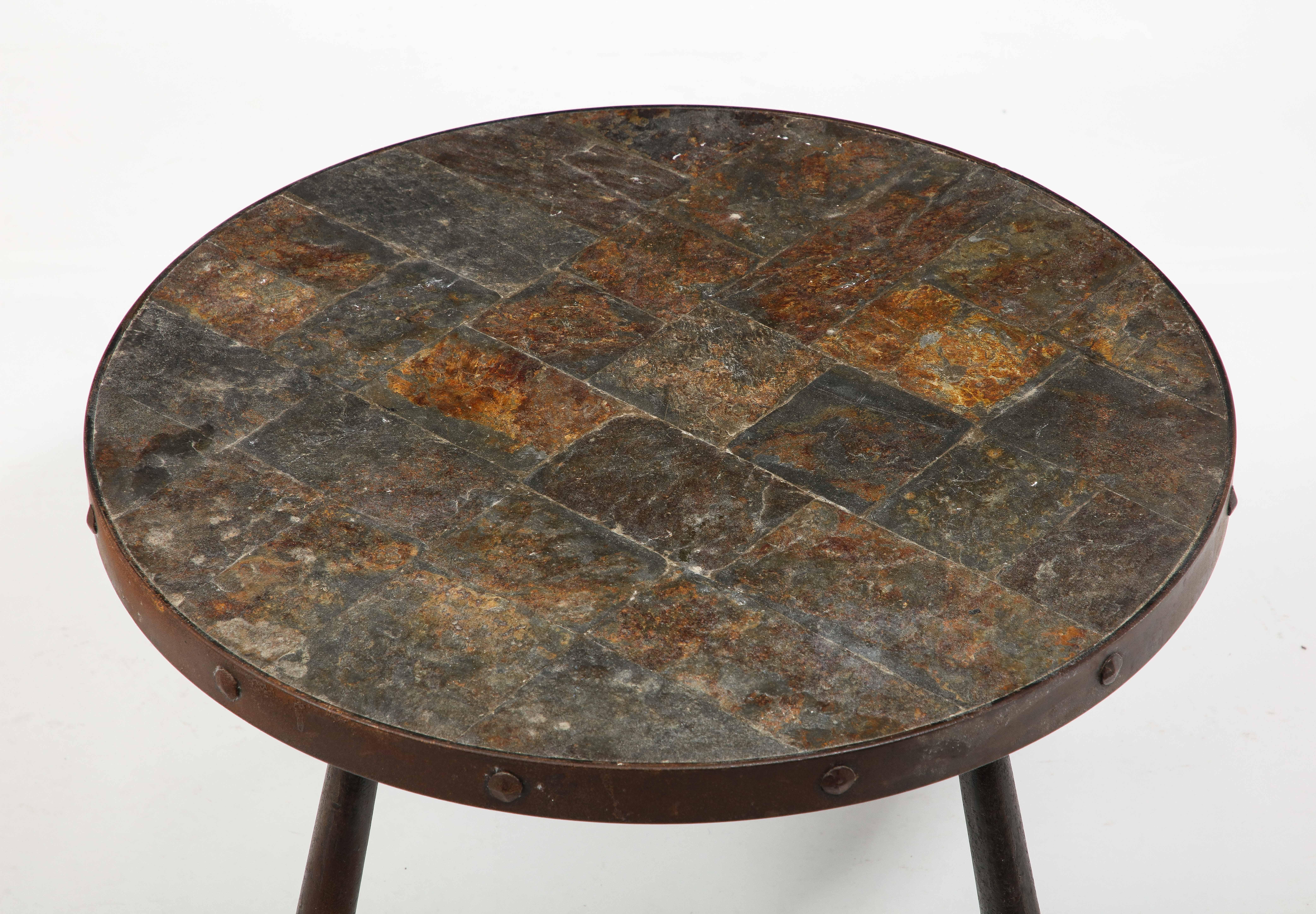 French Brutalist Wrought Iron & Slate End Table, France 1950's For Sale