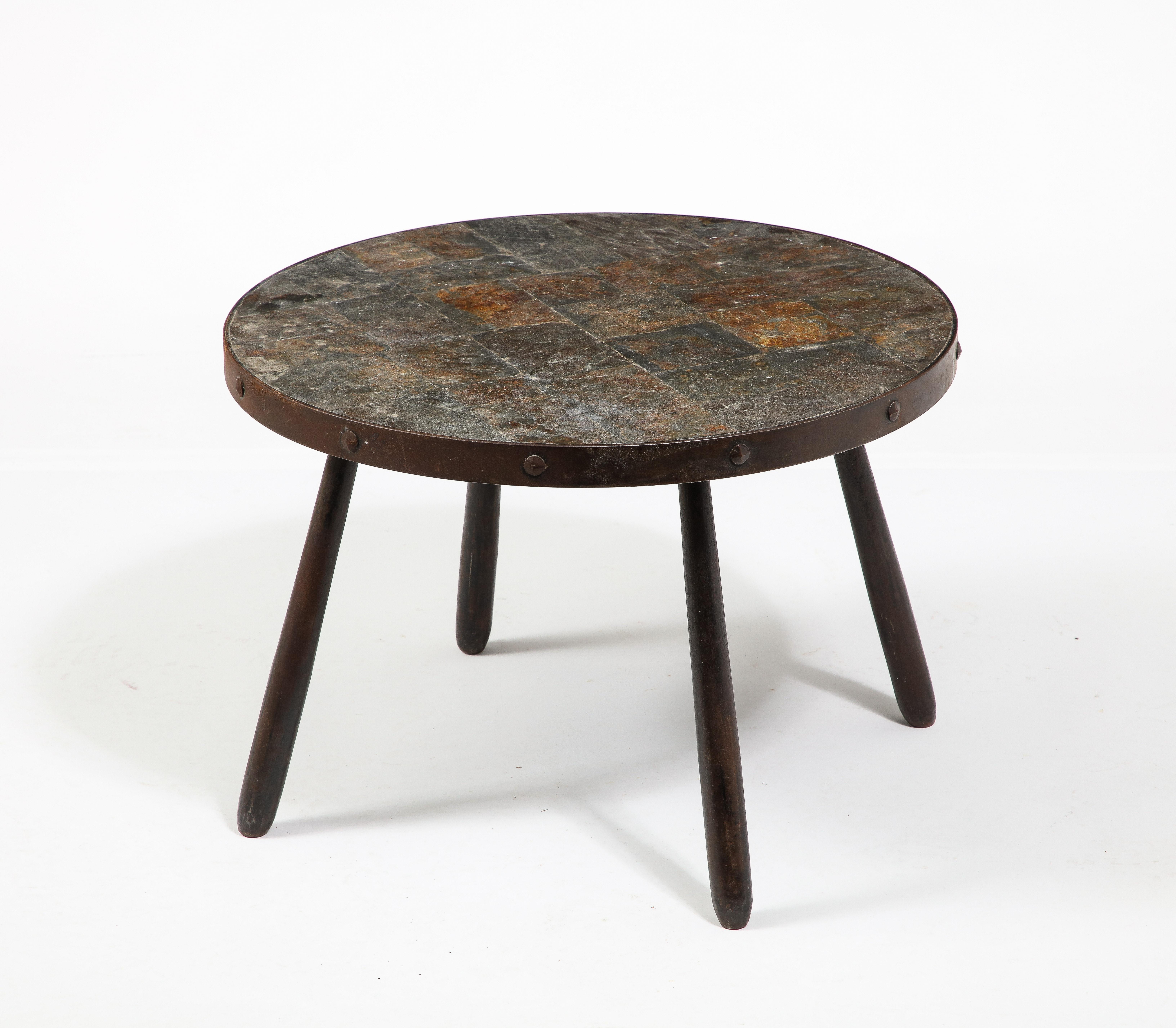 French Brutalist Wrought Iron & Slate End Table, France 1950's For Sale