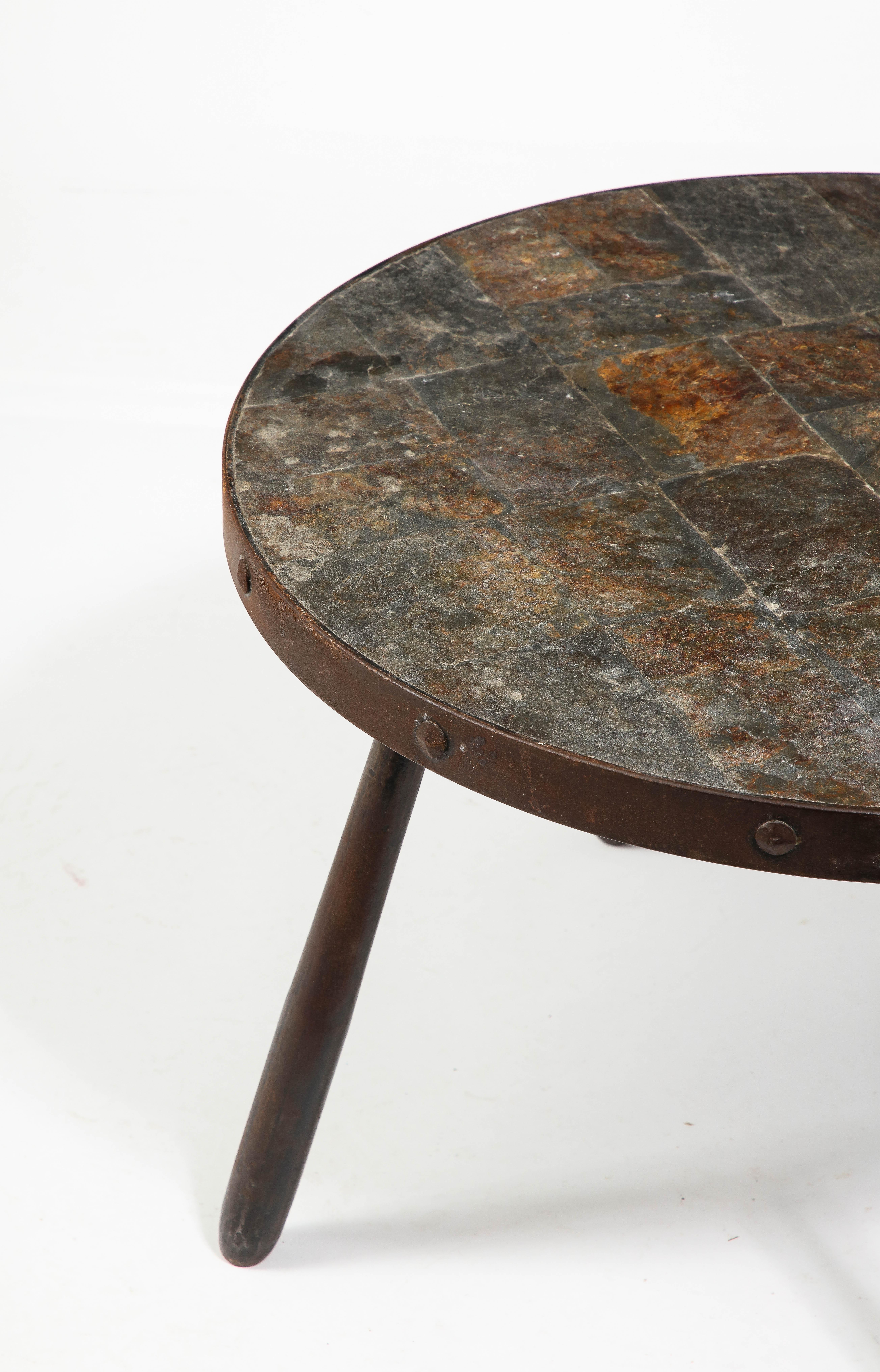 20th Century Brutalist Wrought Iron & Slate End Table, France 1950's For Sale