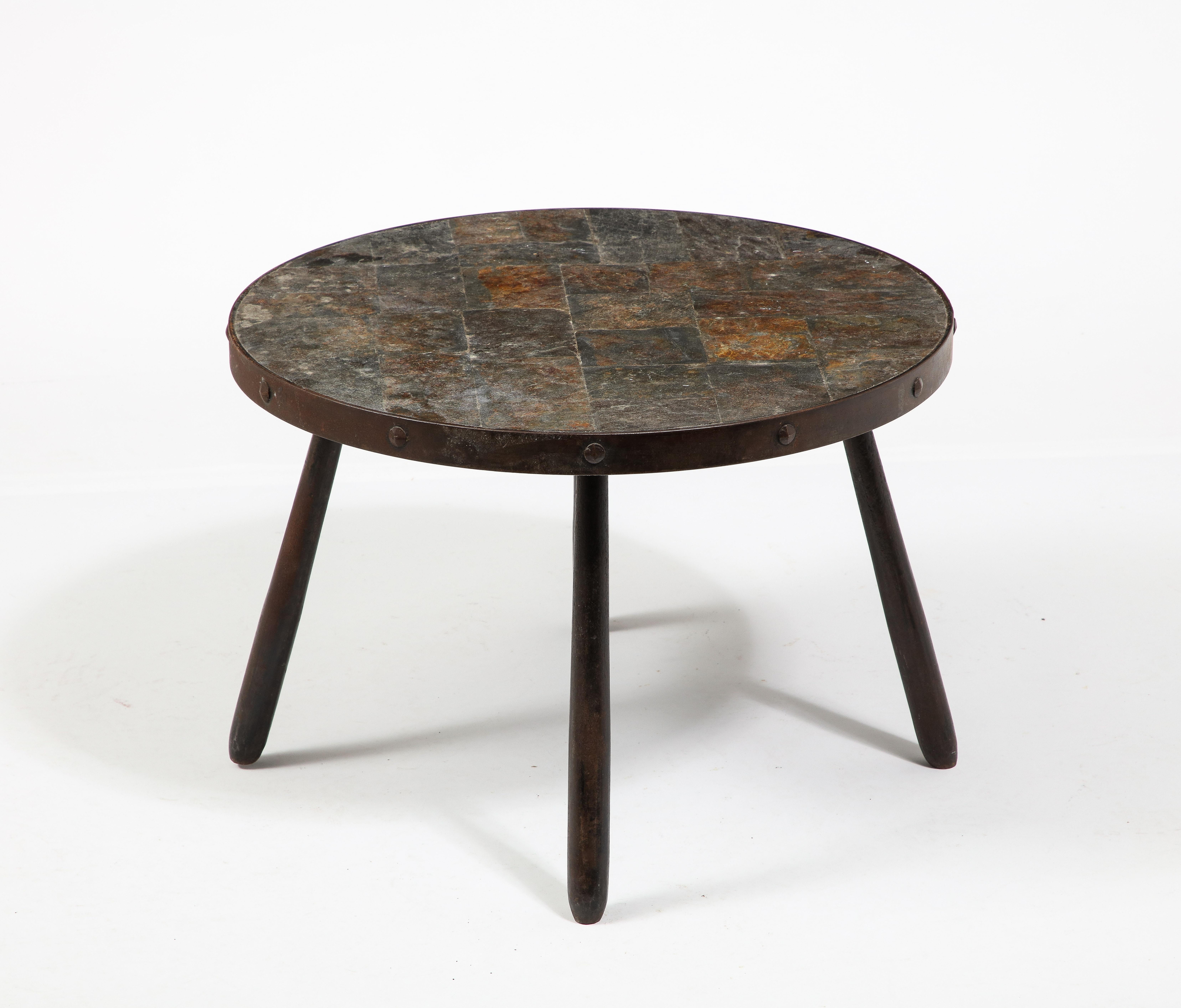 Brutalist Wrought Iron & Slate End Table, France 1950's For Sale 1