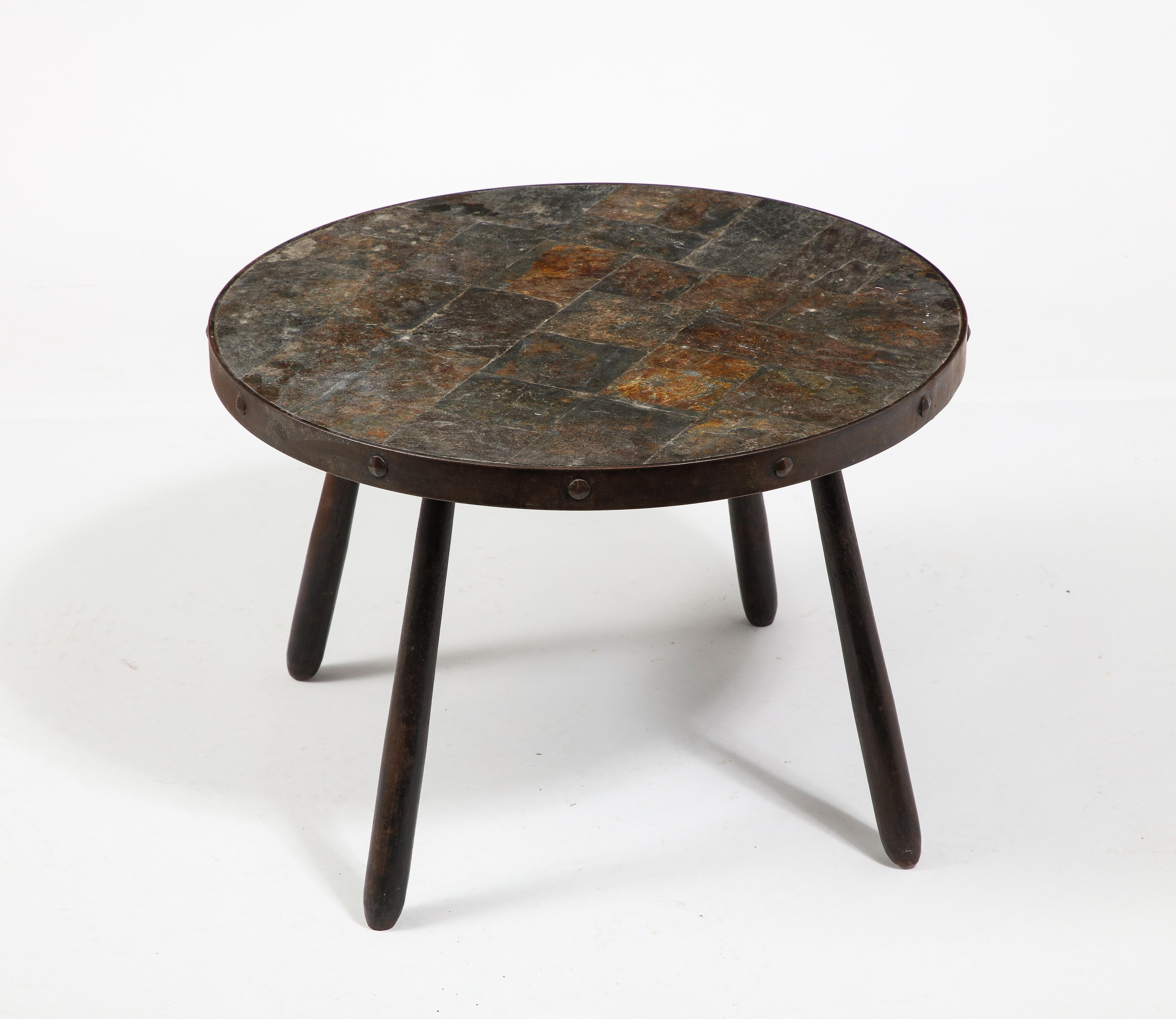 Brutalist Wrought Iron & Slate End Table, France 1950's For Sale 2