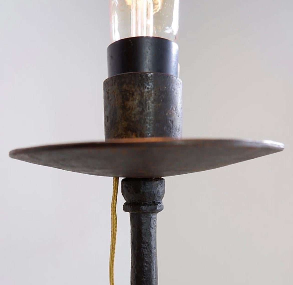 Metal Brutalist wrought iron tripod floor lamp