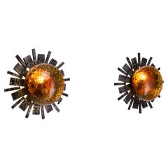 Brutalist Wrought Iron Wall Lamps with Orange Glass Shades, Europe 20th Century