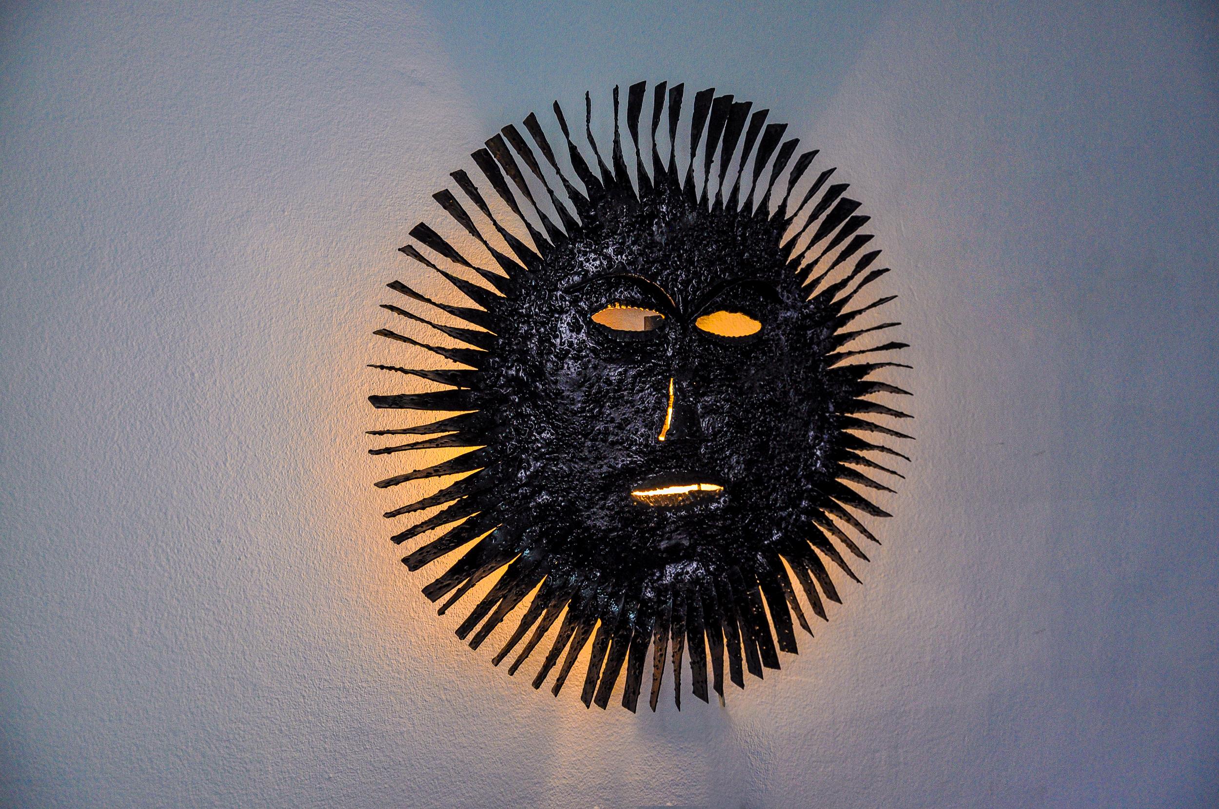 Late 20th Century Brutalist XL sun wall lamp, folk art, Spain, 1970 For Sale