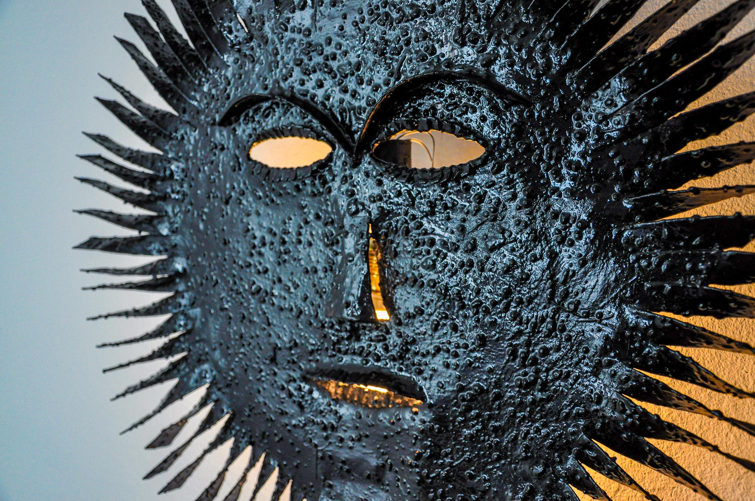 Metal Brutalist XL sun wall lamp, folk art, Spain, 1970 For Sale
