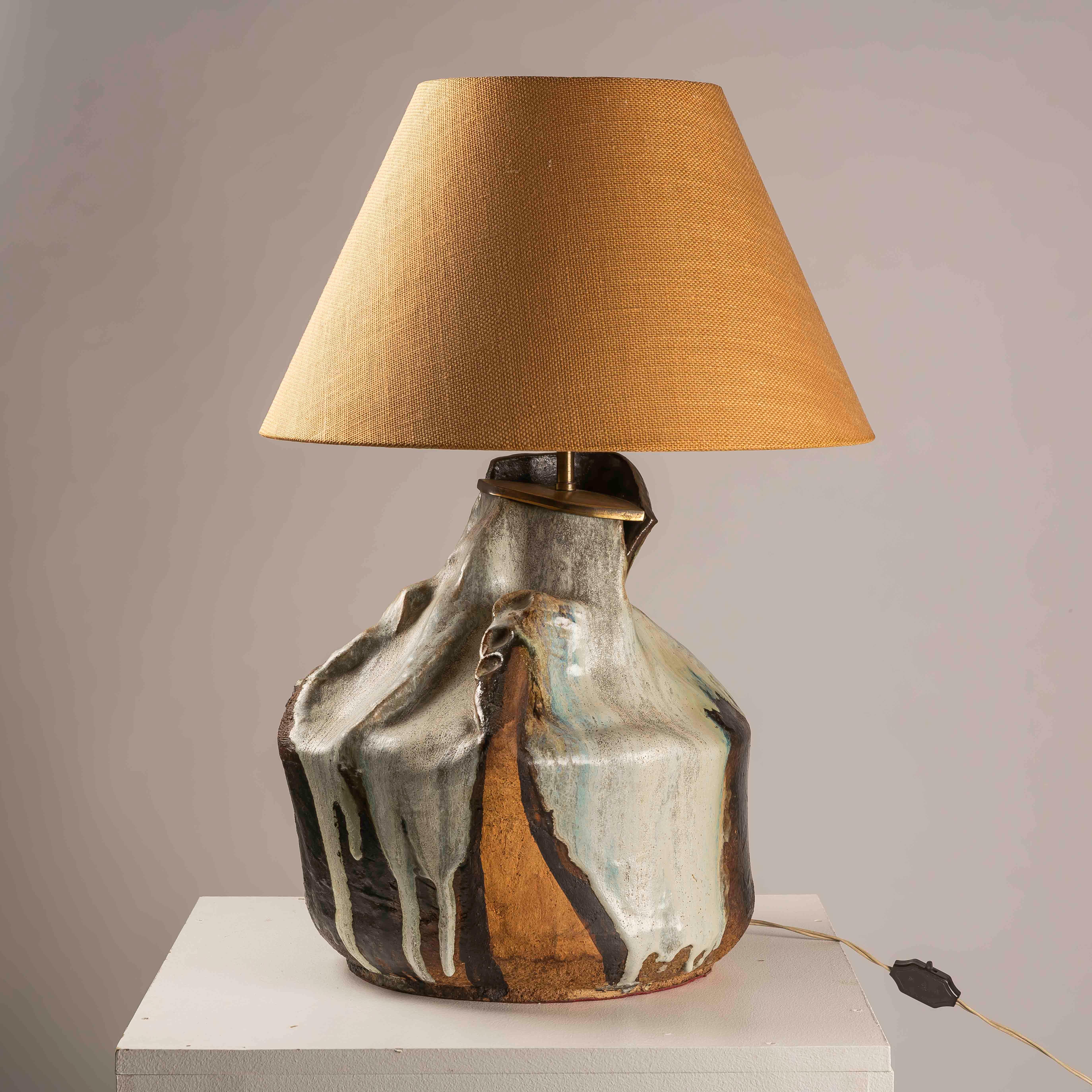 Glazed Brutalist XXL glazed ceramic table lamp 1980s For Sale
