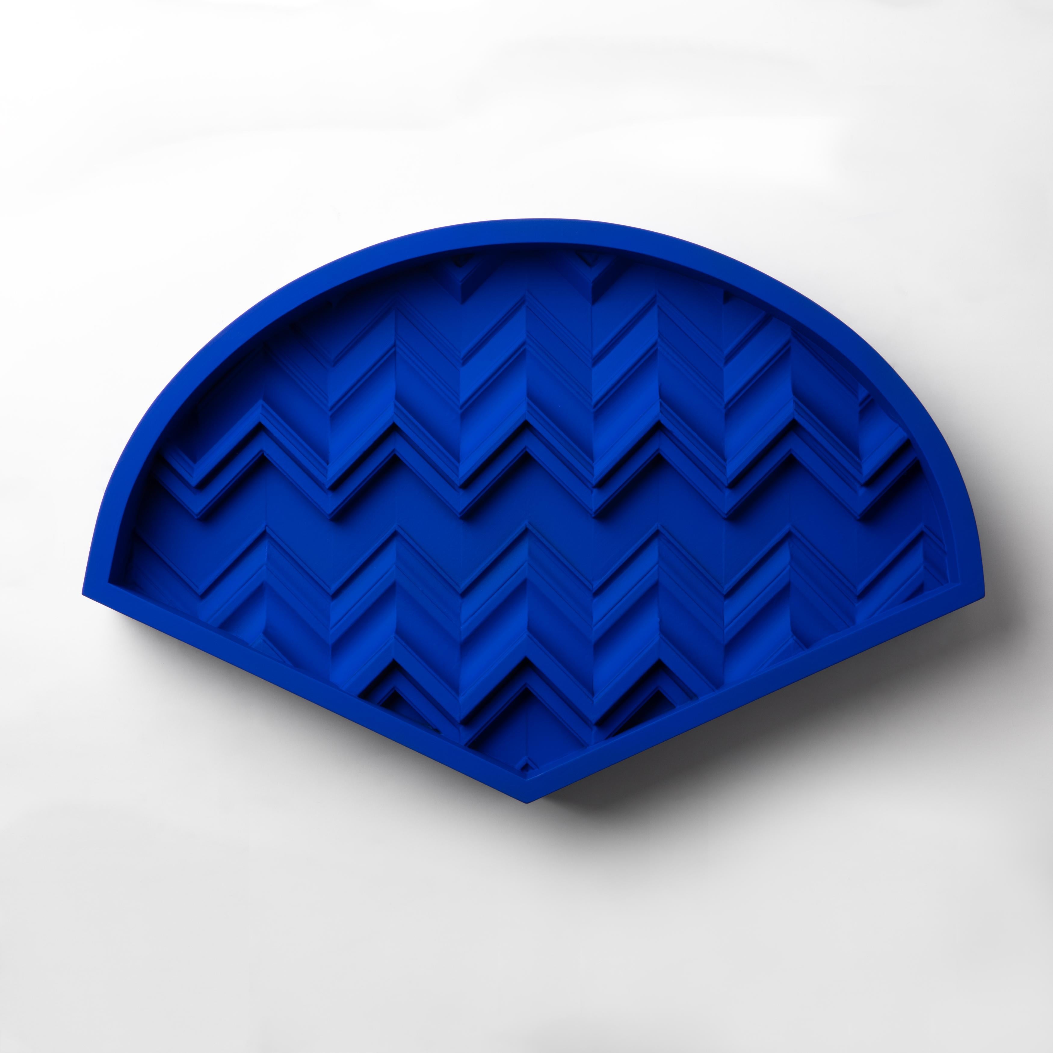 FAN YKB Cobalt Blue (Yves Klein Blue) wall sculpture collage of reclaimed wood. 

This artwork belongs to our new series of wall art installations FORM & COLOR.
This collage plays with textures, shapes and colors to create a sculptural piece of