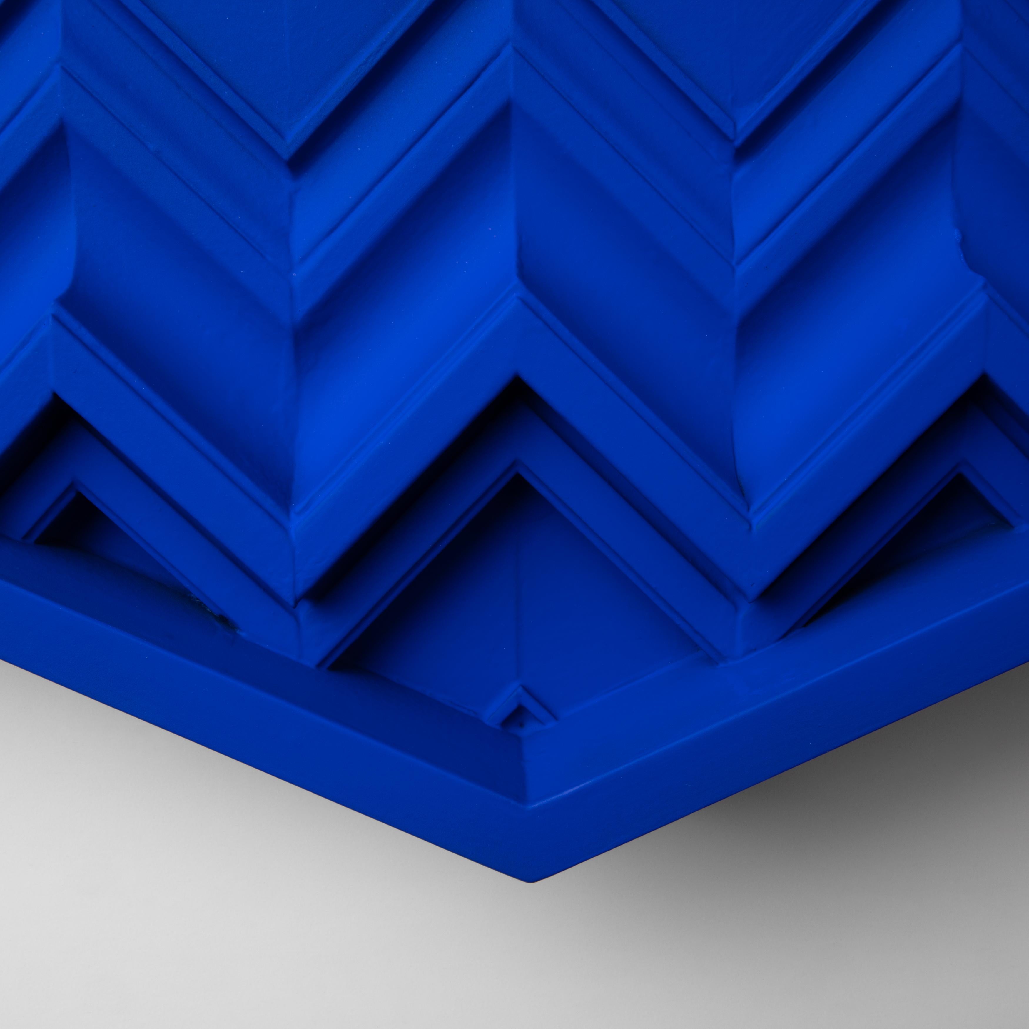 Faceted Brutalist Yves Klein Blue Wood Wall Art installation: Fan YKB For Sale