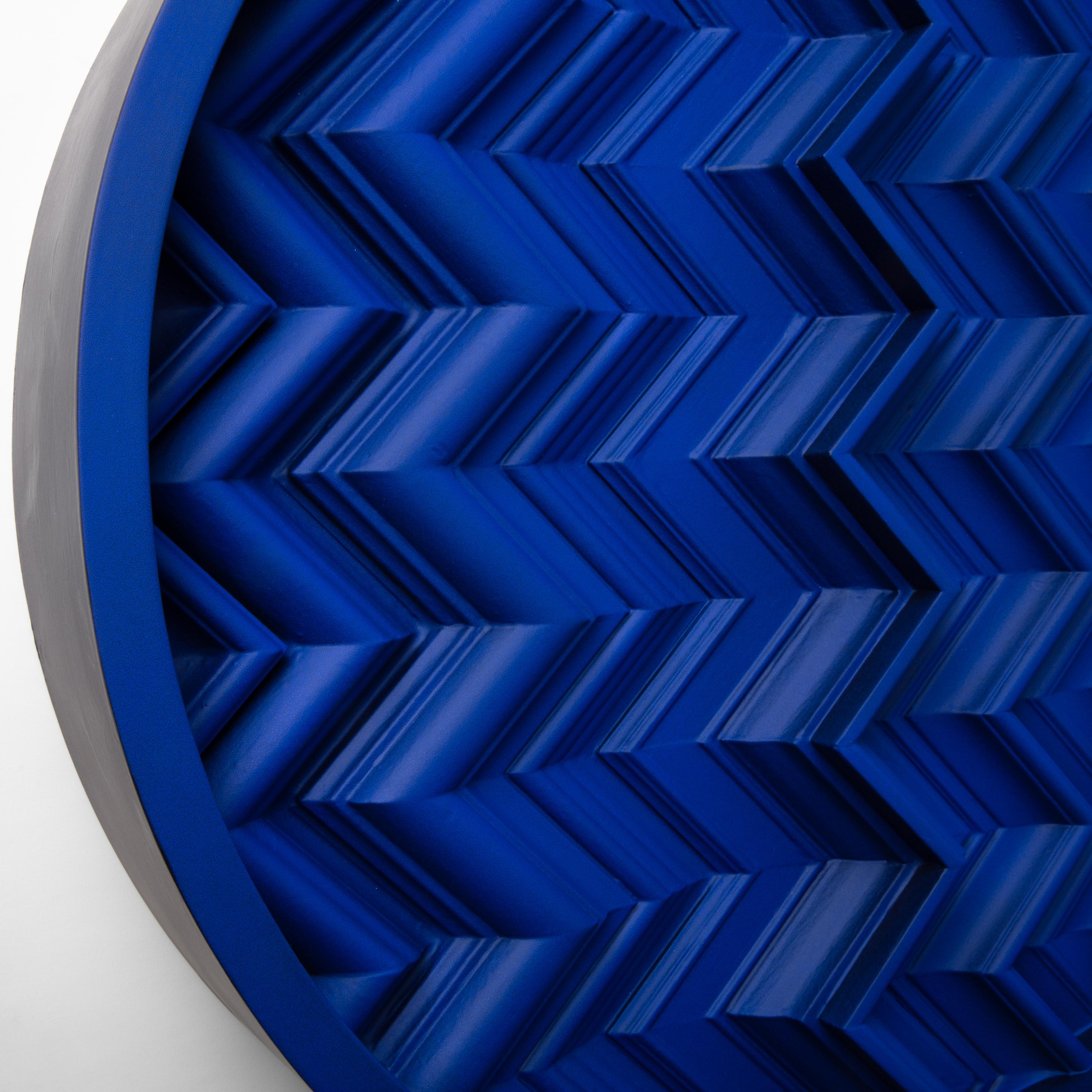 Faceted Brutalist Yves Klein Blue Wood Wall Art installation: Round 1 YKB For Sale
