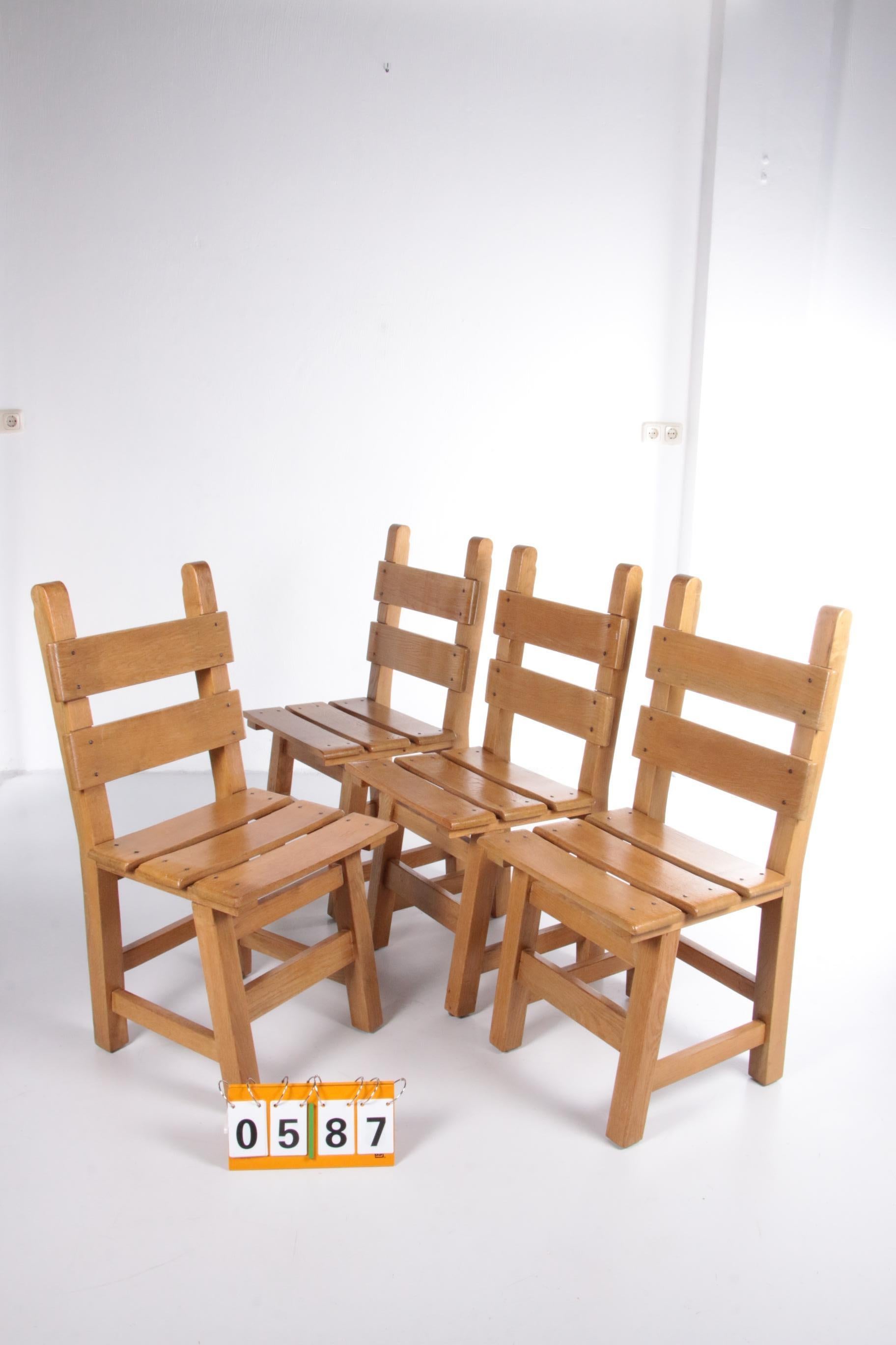 Brutalistic Set of 4 Sturdy Wooden Chairs, 1980 5