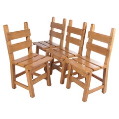 Brutalistic Set of 4 Sturdy Wooden Chairs, 1980