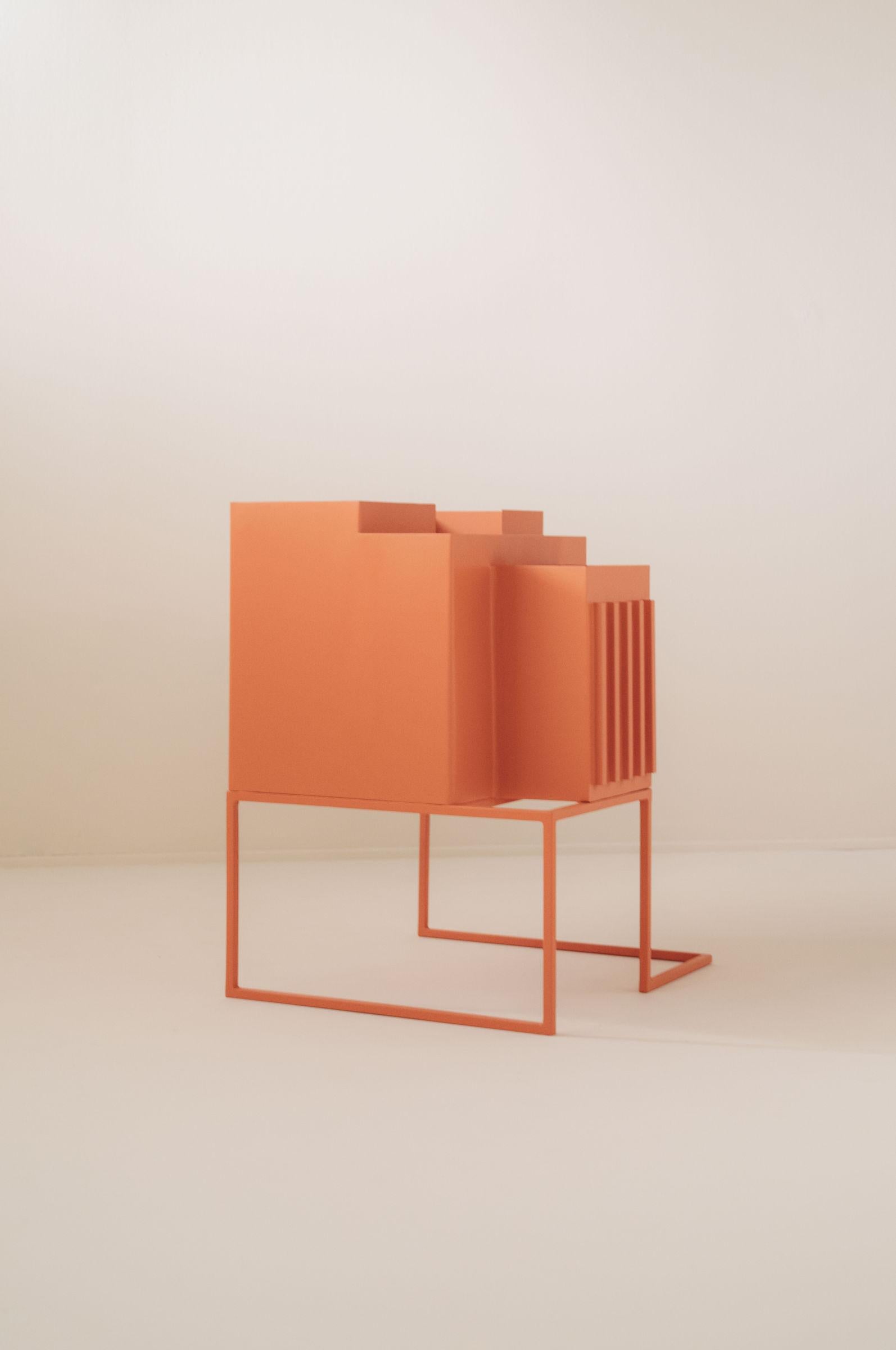 Post-modern sculpture Brutante B in terracotta lacquered metal handmade in Panama by Fi. 

Brutantes presents a series of functional sculptural objects created from the mixture, abstraction and transmutation between everyday artifacts and brutalism,