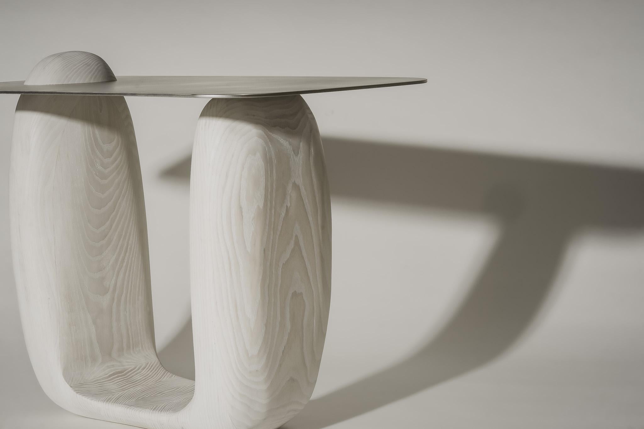 Brute, Contemporary Side Table, Carved Ash Base & Steel Top by Nadine Hajjar In New Condition For Sale In Montreal, QC