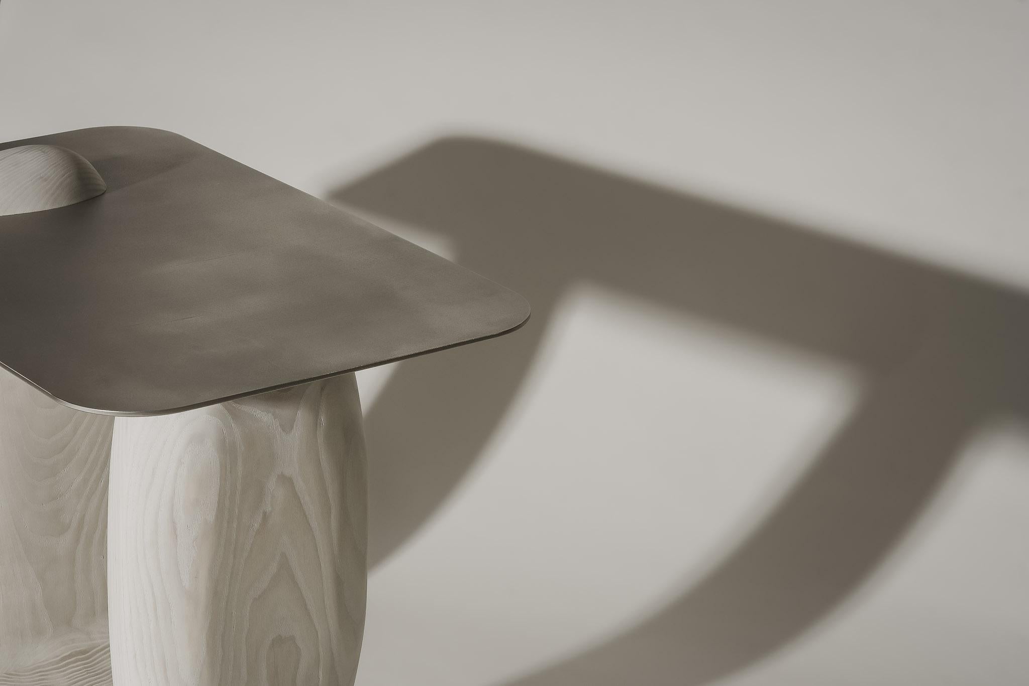 Stainless Steel Brute, Contemporary Side Table, Carved Ash Base & Steel Top by Nadine Hajjar For Sale