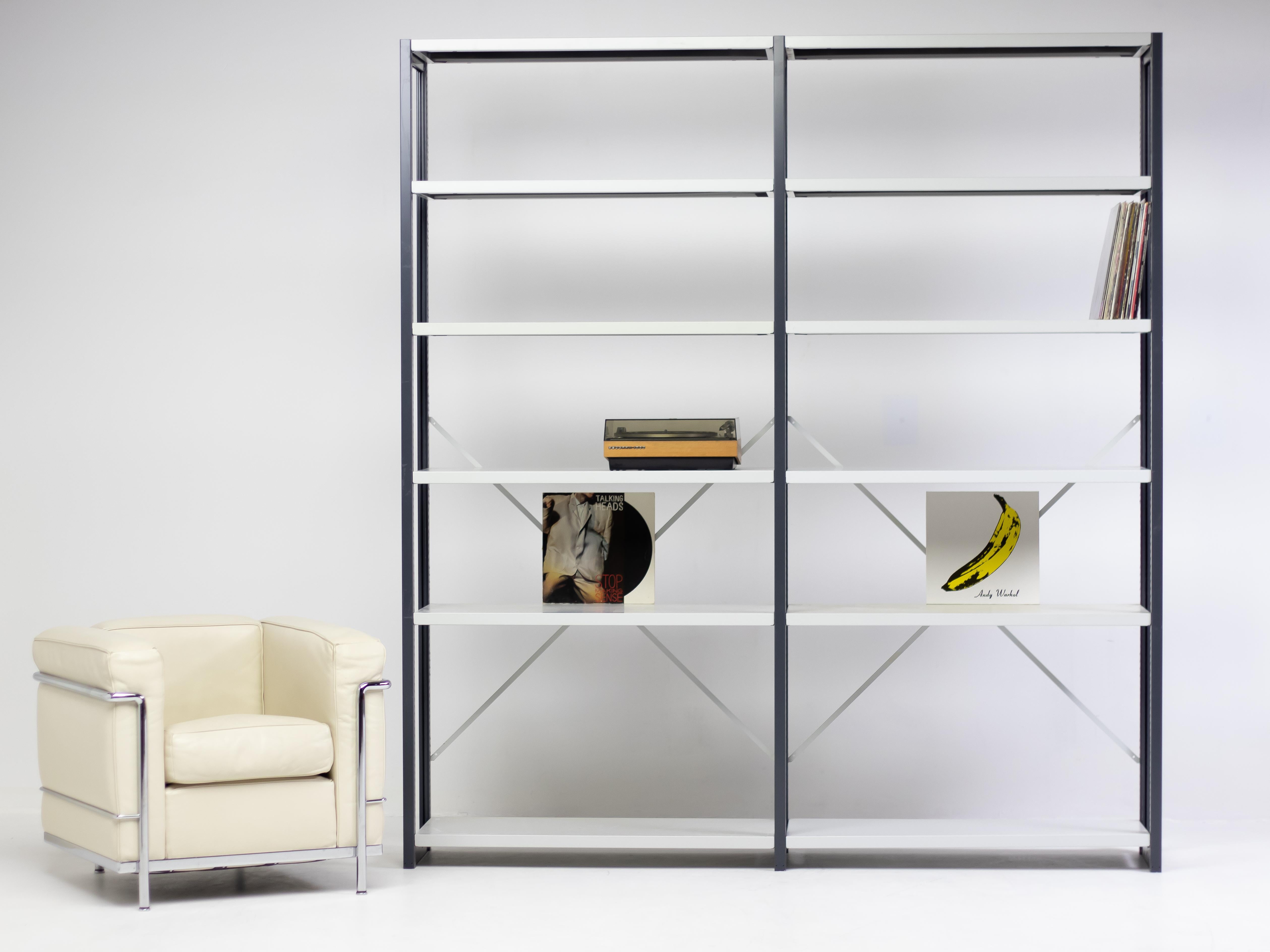 This library or shelving system is consisting out of 220 cm high stands and 100 cm wide shelves. The arrangement itself is completely customize-able to your design needs. The honesty of construction and industrial texture of the metal, makes this