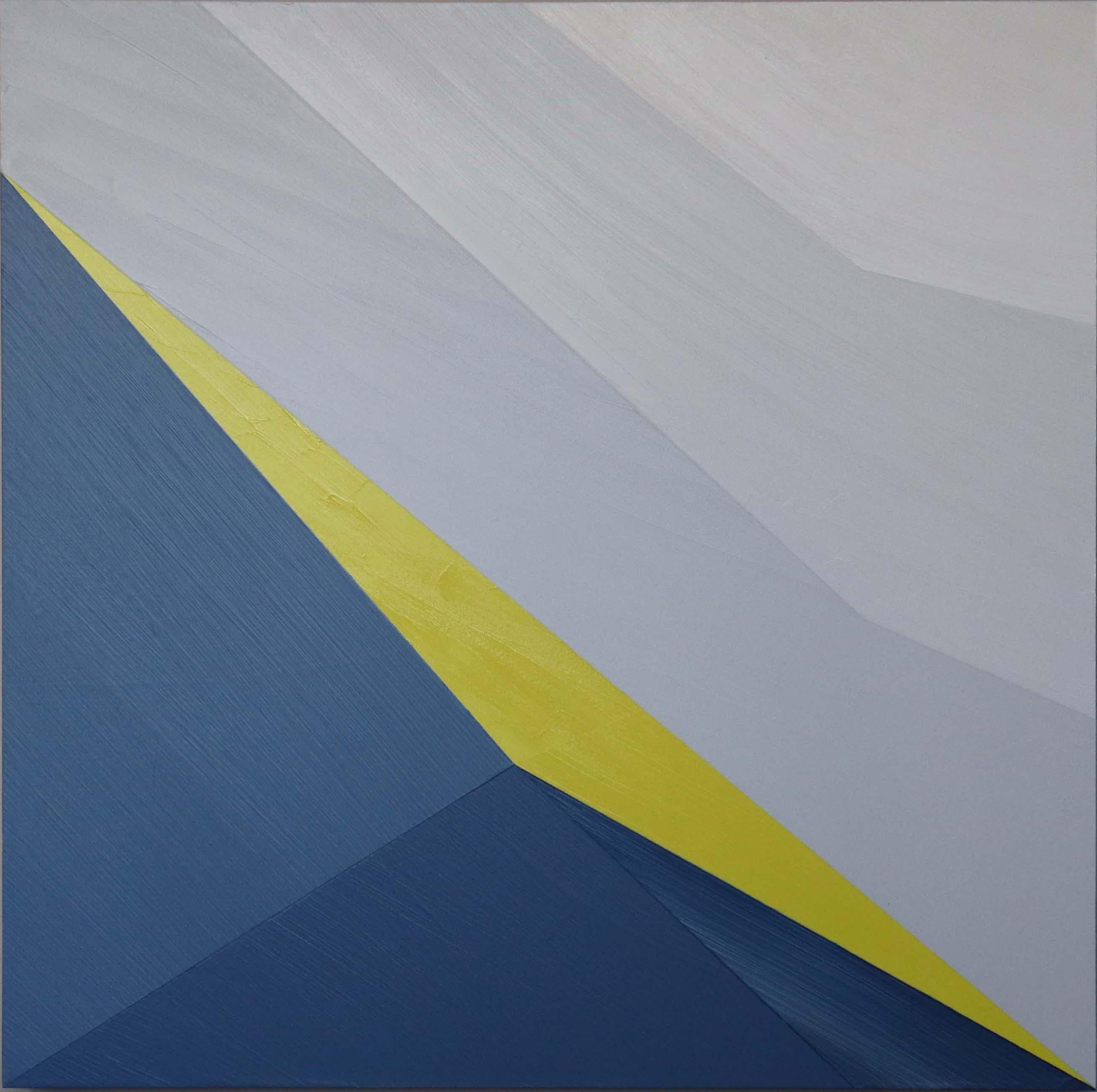 This acrylic on panel painting by Bryan Boone is the second in a series of balanced oppositional design. The 24" x 24" square panel is a color field painting of blues, yellow, grey and white with colors blocked in a diagonal geometric