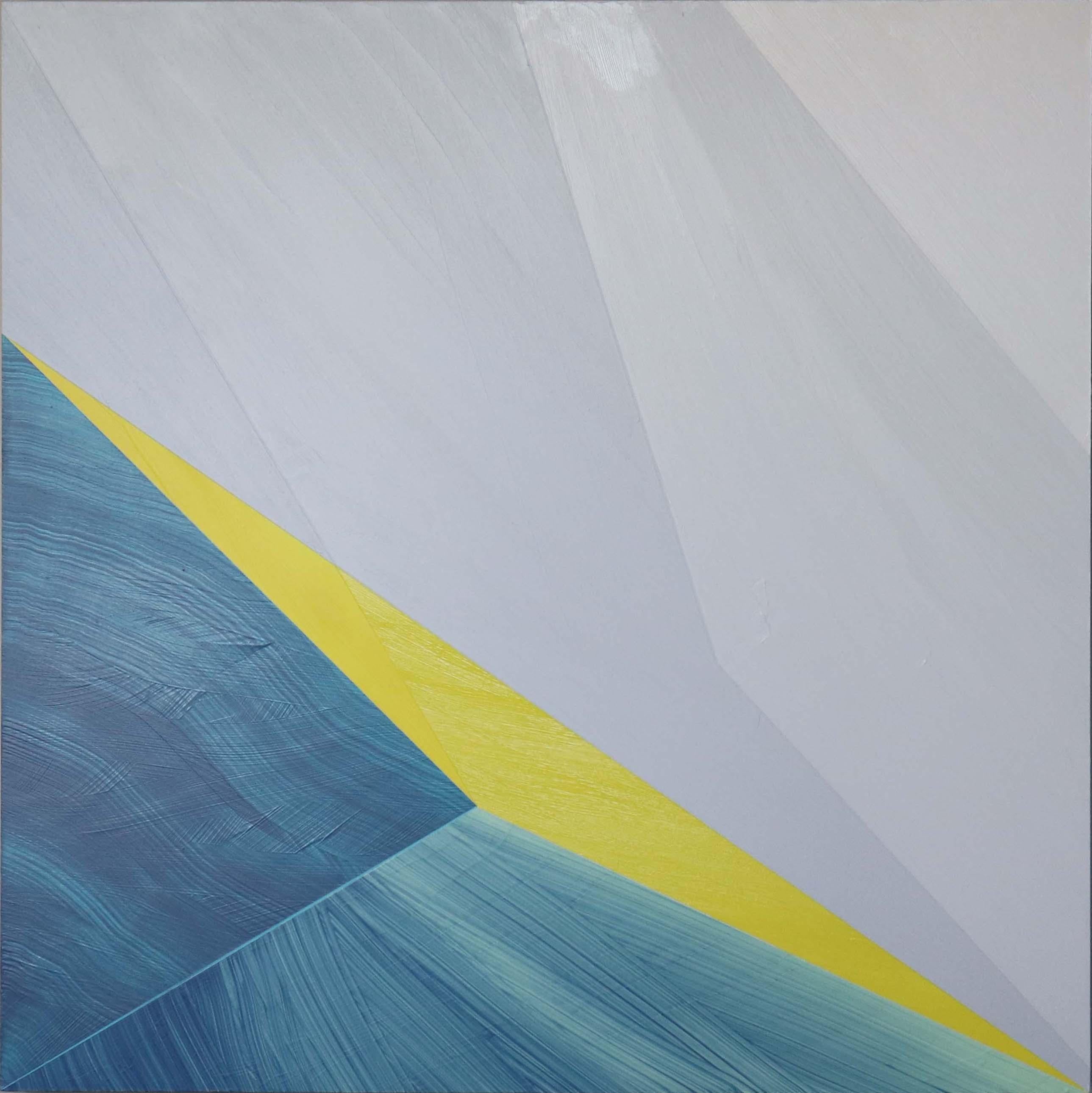 This acrylic on panel painting by Bryan Boone is the third in a series of balanced oppositional design. The square 24"x24" painting features a diagonal geometric color field of hues of blue, yellow, grey and white.

"Arrangement Impulsion'' is a