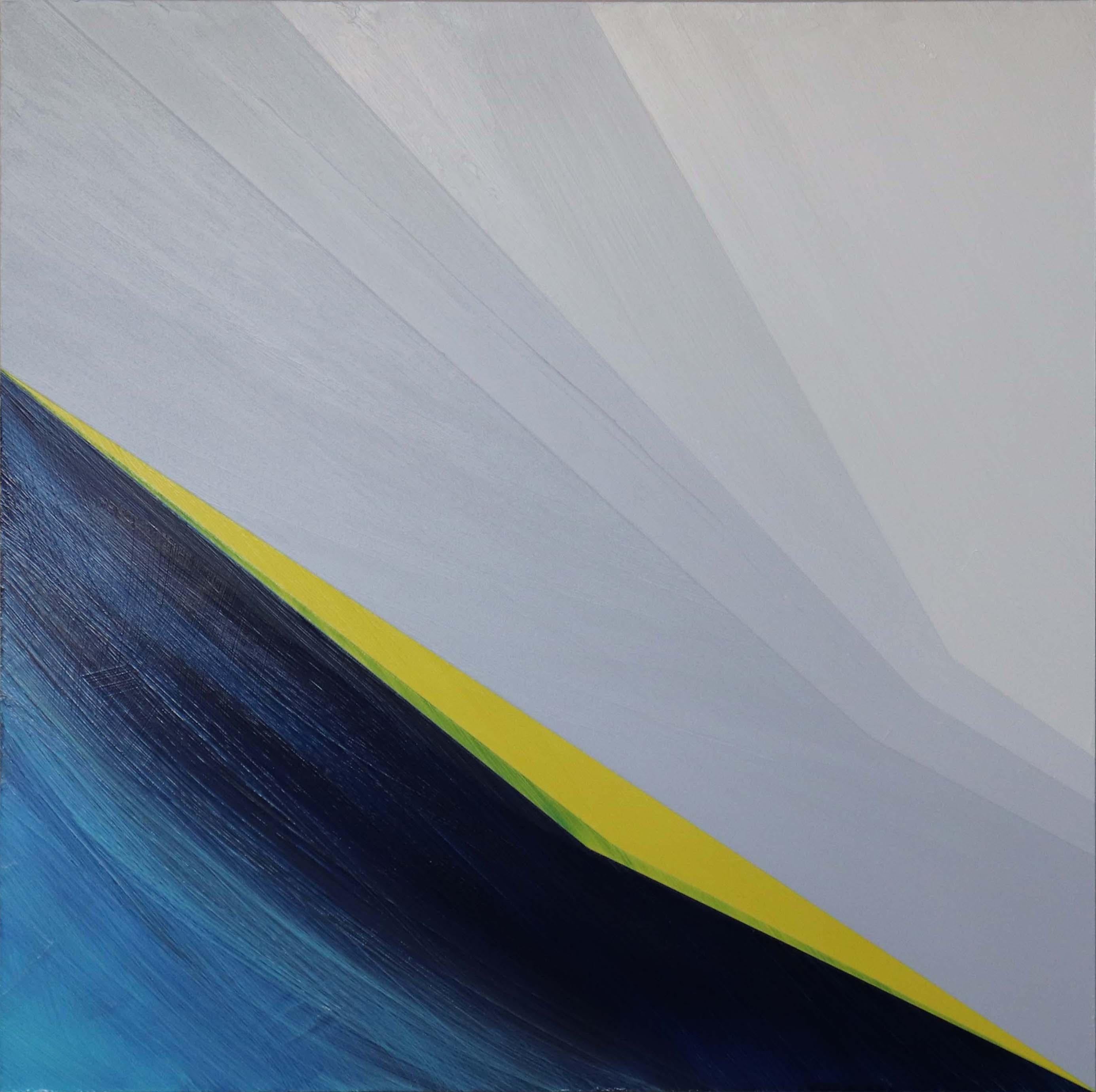 This acrylic on panel painting by Bryan Boone is the fourth in a series of balanced oppositional design. Primary colors are hues of blue, yellow, white and grey. The design is a diagonal geometric color field.

"Arrangement Impulsion'' is a series
