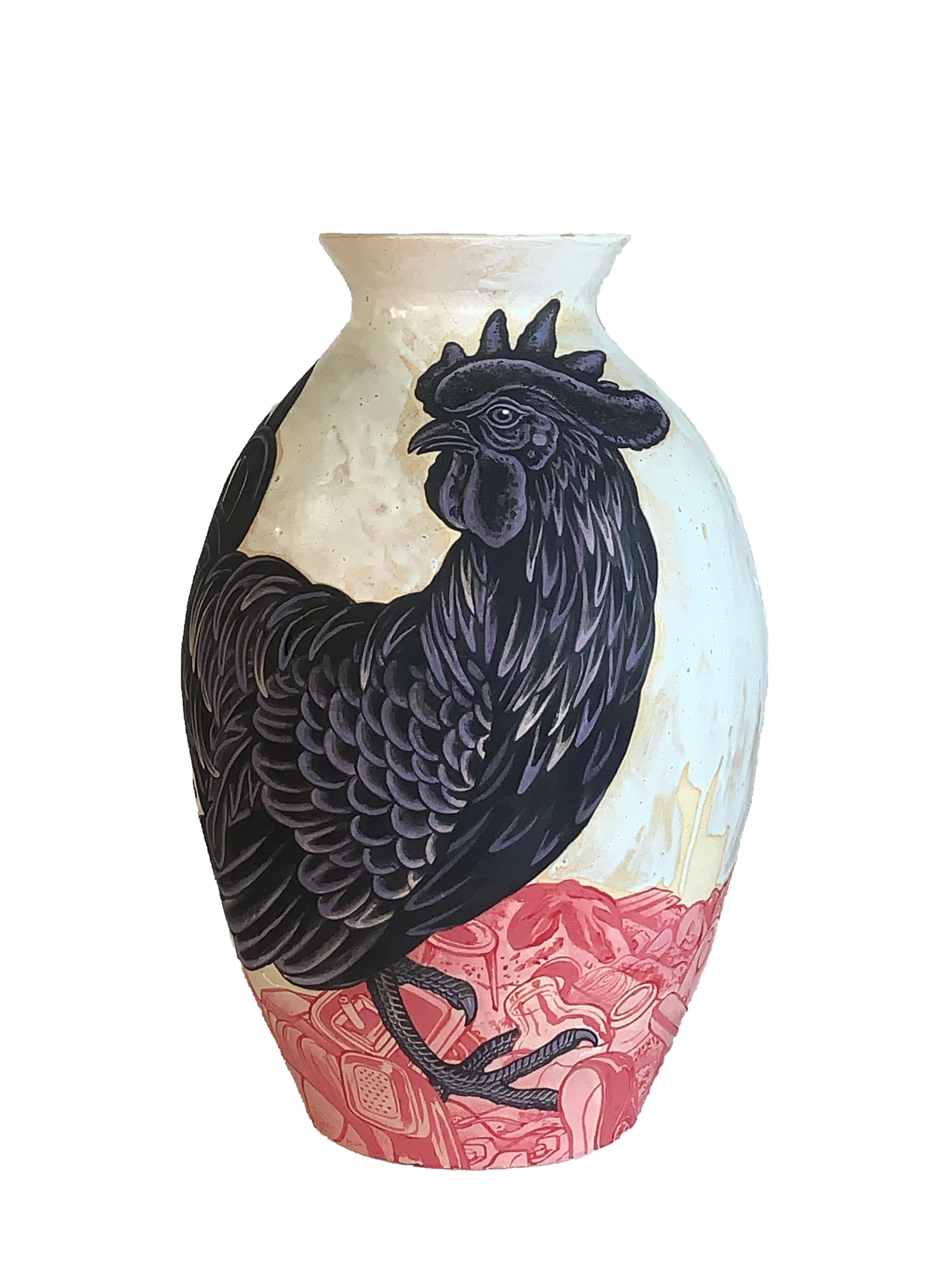 "Ayam Cemani, Moon Presence", Contemporary, Vessel Form, Vase, Animals, Ceramic - Sculpture by Bryan Burk