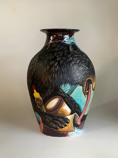 Jarra de cerámica contemporánea, gres, ilustración de superficie pintada bajo vidriado
