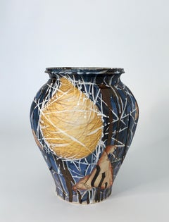 Contemporary Ceramic Jar with Surface Illustration, 14.5 x 11 in, Bryan Burk