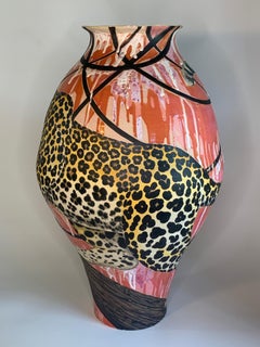 Ceramic Vessel Form with Surface Illustration, Glazed Stoneware, Animals Leopard
