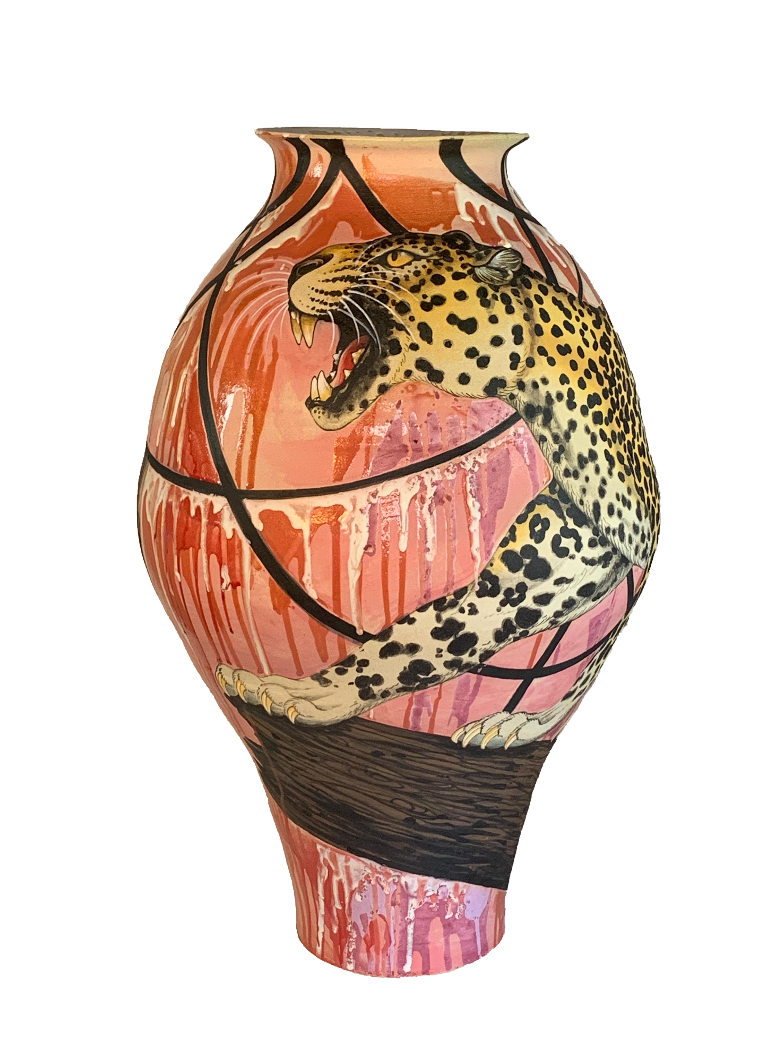 "Mr. Telephone Man", Ceramic Vase Form with Surface Illustration, Glaze, Animals