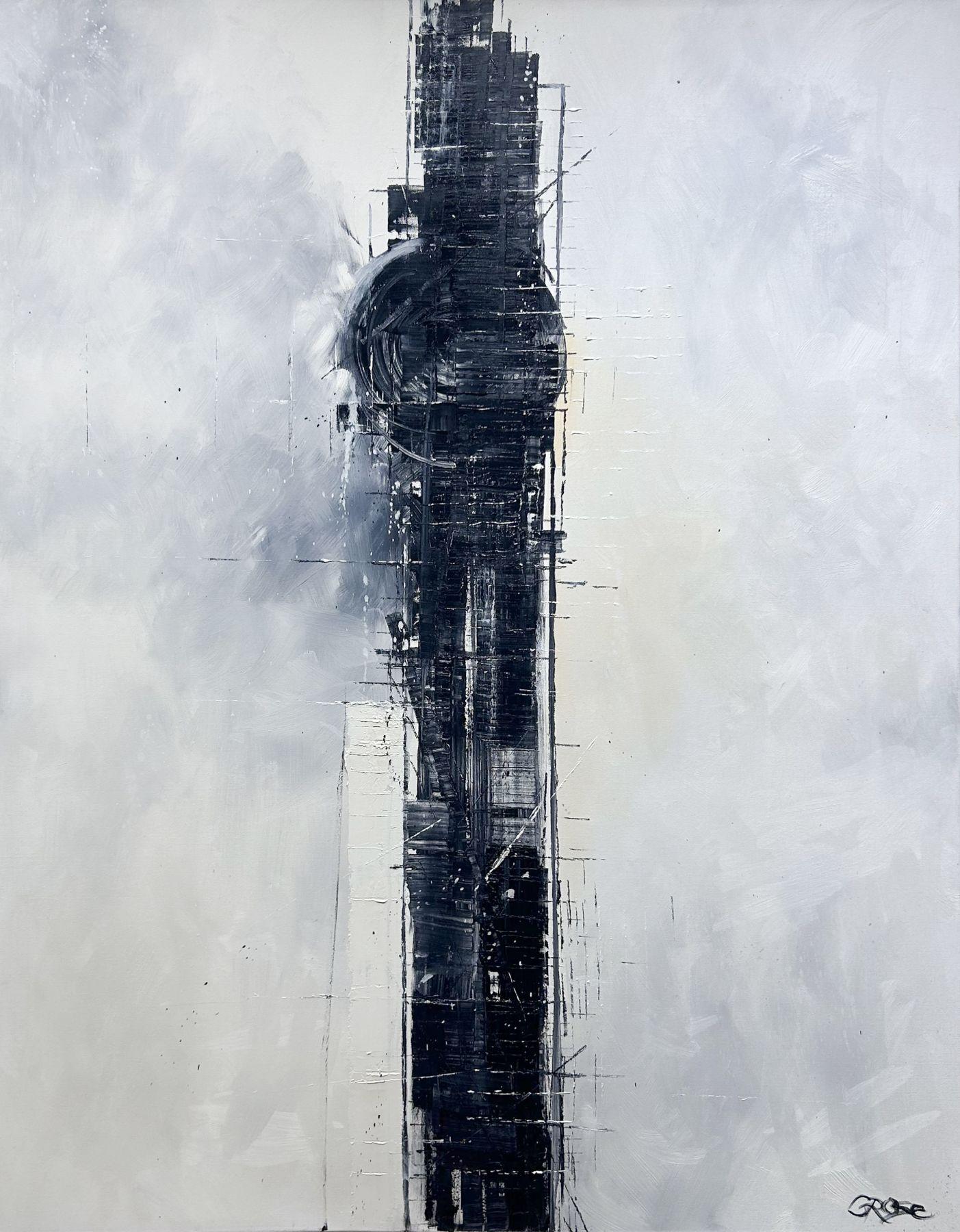 Bryan Grose "Empire" Paesaggio urbano astratto contemporaneo in bianco e nero 48x36