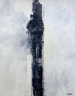 Bryan Grose "Empire" Paesaggio urbano astratto contemporaneo in bianco e nero 48x36