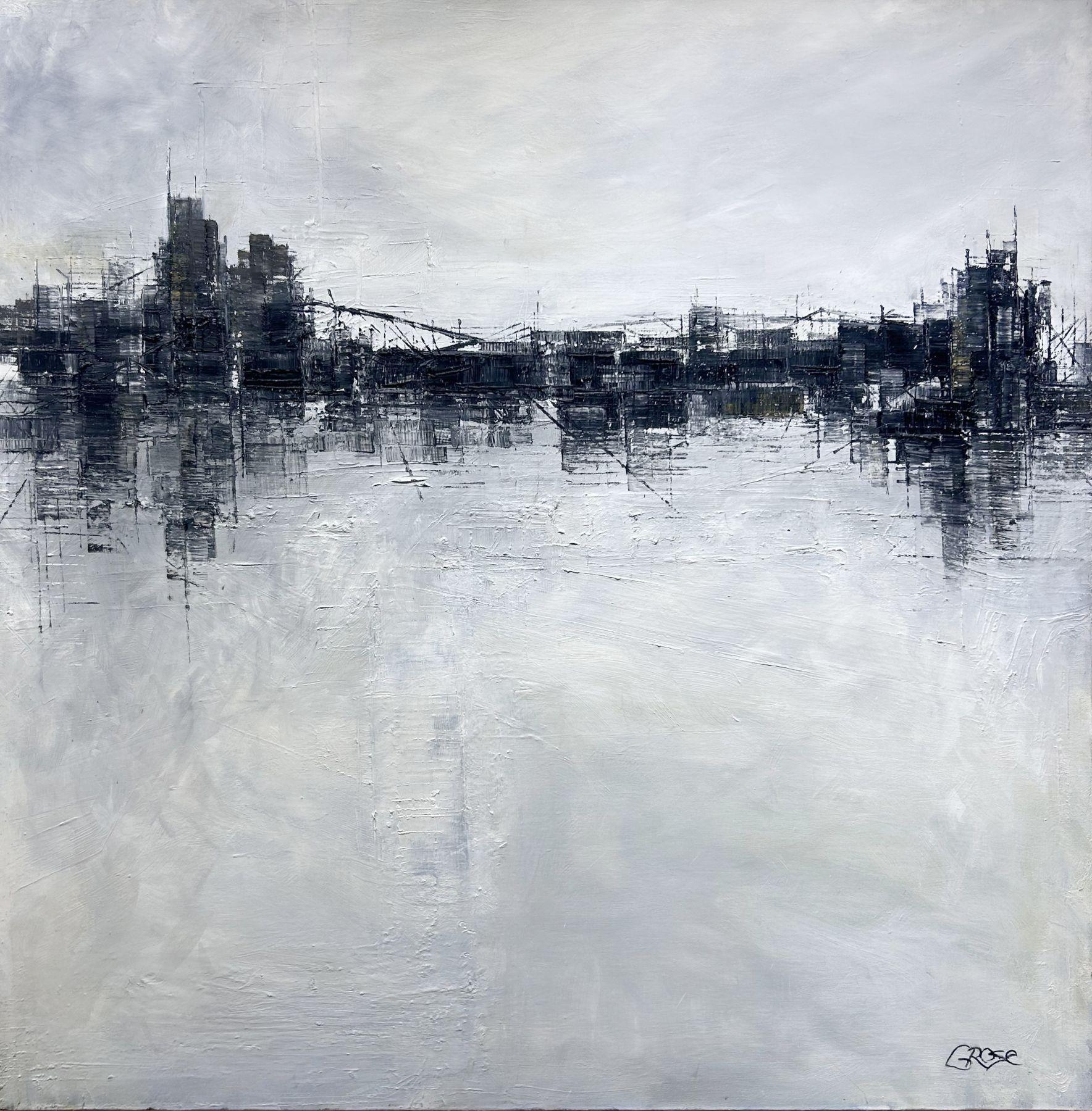 Bryan Grose "Evening Skyline" Paesaggio urbano contemporaneo astratto in bianco e nero