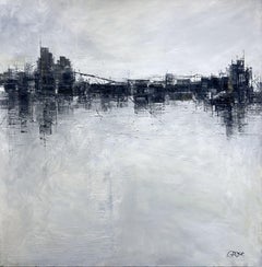 Bryan Grose "Evening Skyline" Paesaggio urbano contemporaneo astratto in bianco e nero