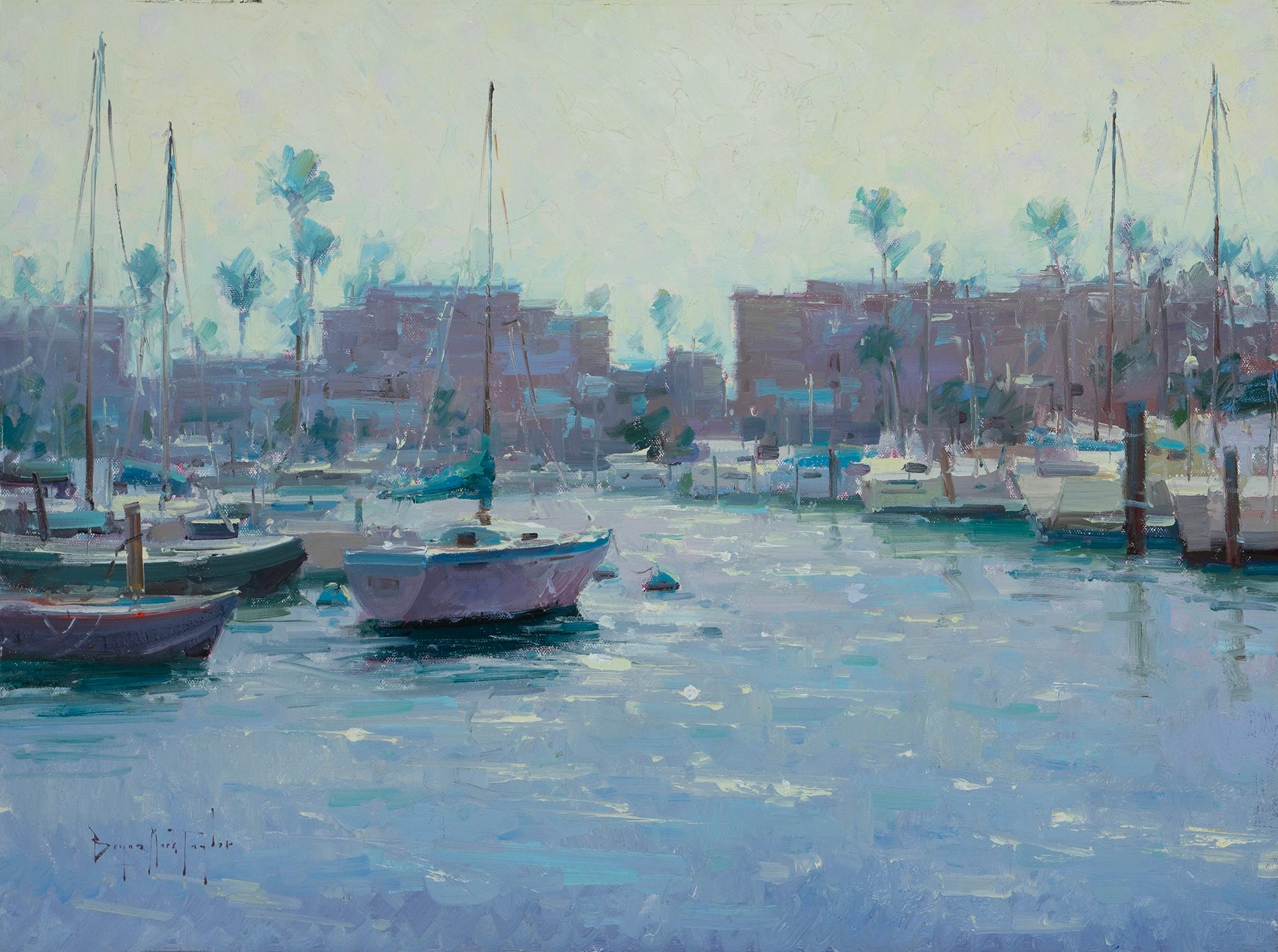 Landscape Painting di Bryan Mark Taylor - "Una mattina luminosa per navigare" Scena impressionista moderna nel sud della California