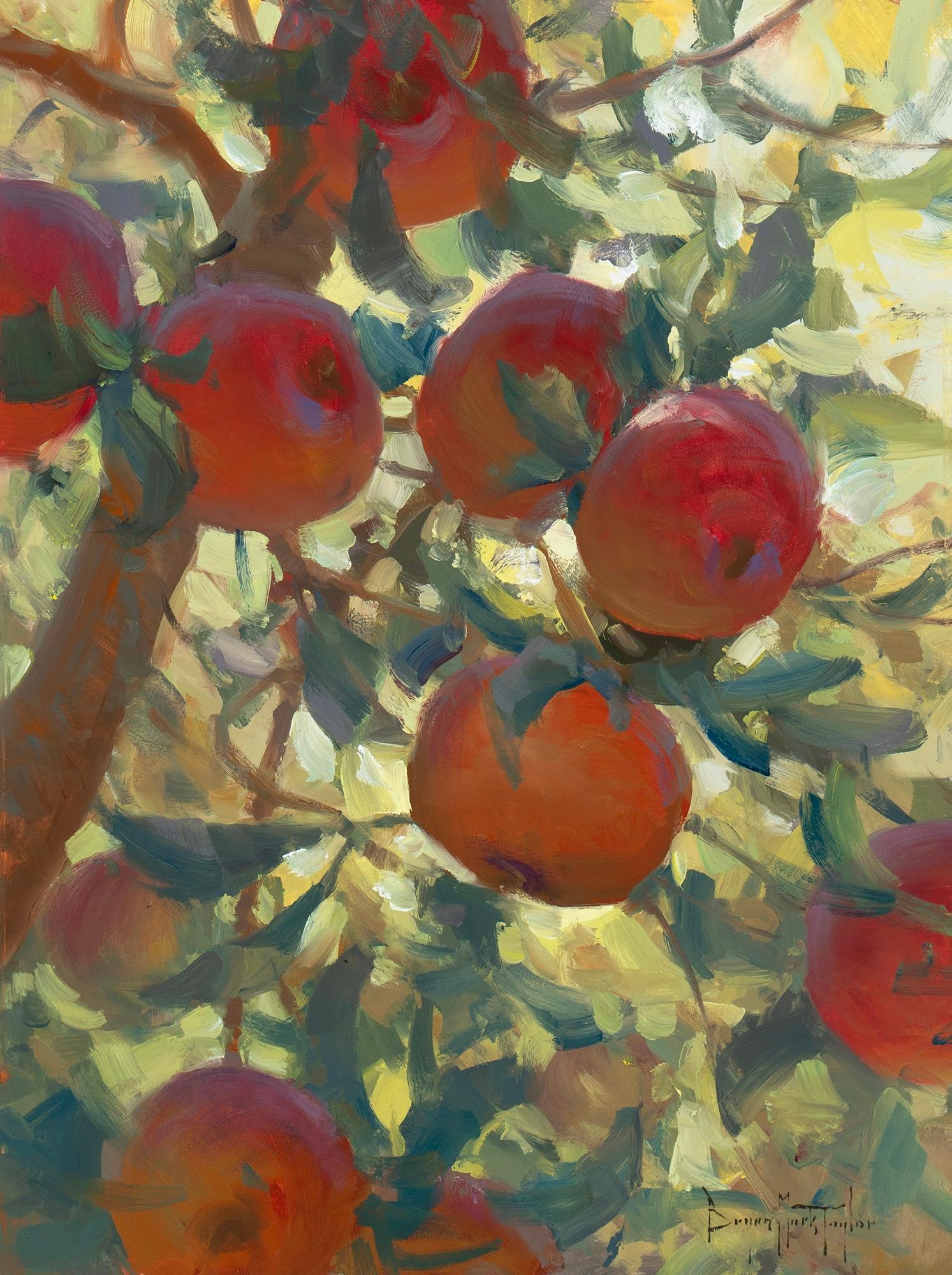Landscape Painting de Bryan Mark Taylor - "Resplandor de manzana" Bodegón impresionista moderno