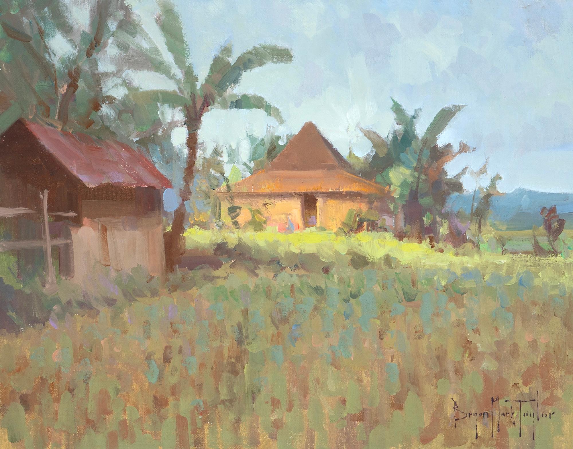 Landscape Painting di Bryan Mark Taylor - "Campi di riso di Bali" Scena impressionista moderna a Bali