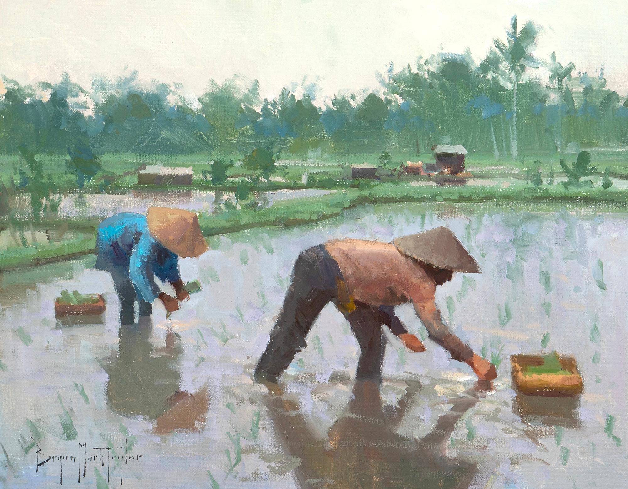 Landscape Painting di Bryan Mark Taylor - "Piantagione di riso a Bali" Scena impressionista moderna a Bali