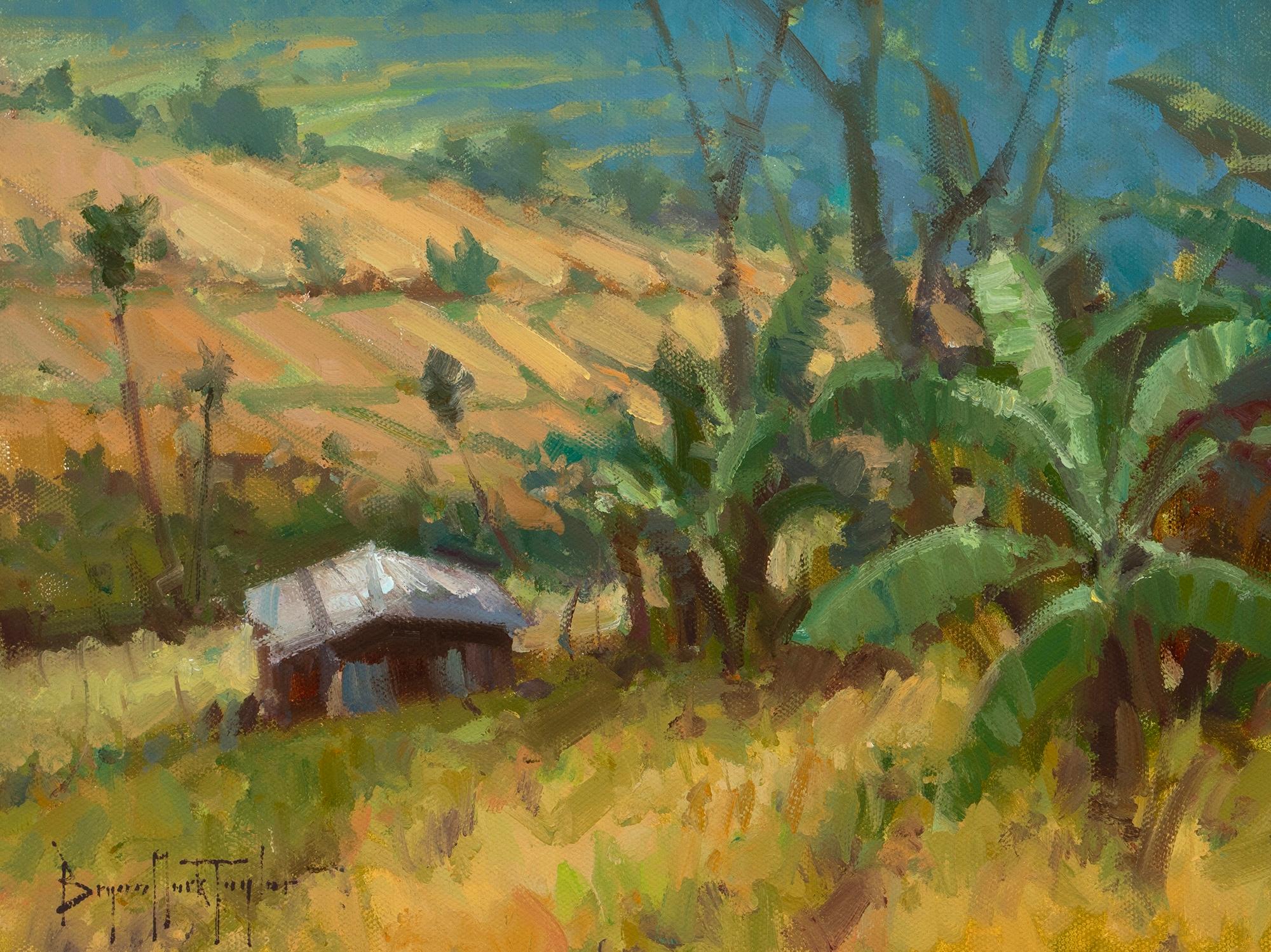 Landscape Painting di Bryan Mark Taylor - "Terrazze di riso di Bali" Scena impressionista moderna a Bali