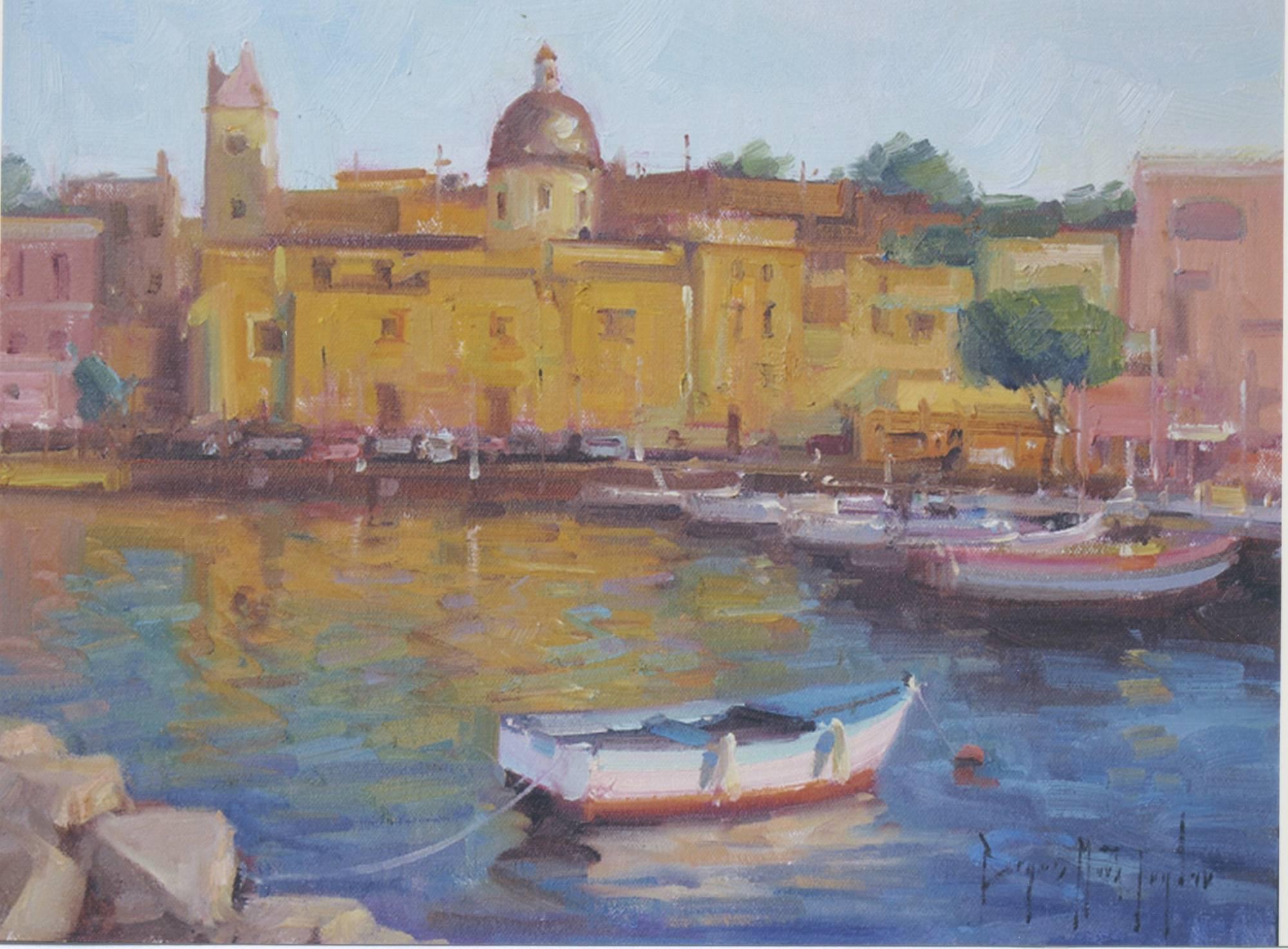 "Church Of The Fisherman" is a colorful example of Bryan Mark Taylor's modern approach to Impressionism.  This beautiful oil on panel captures the mood and feel of the Amalfi Coast with the brilliant glow of the Italian sun, warm glow of the