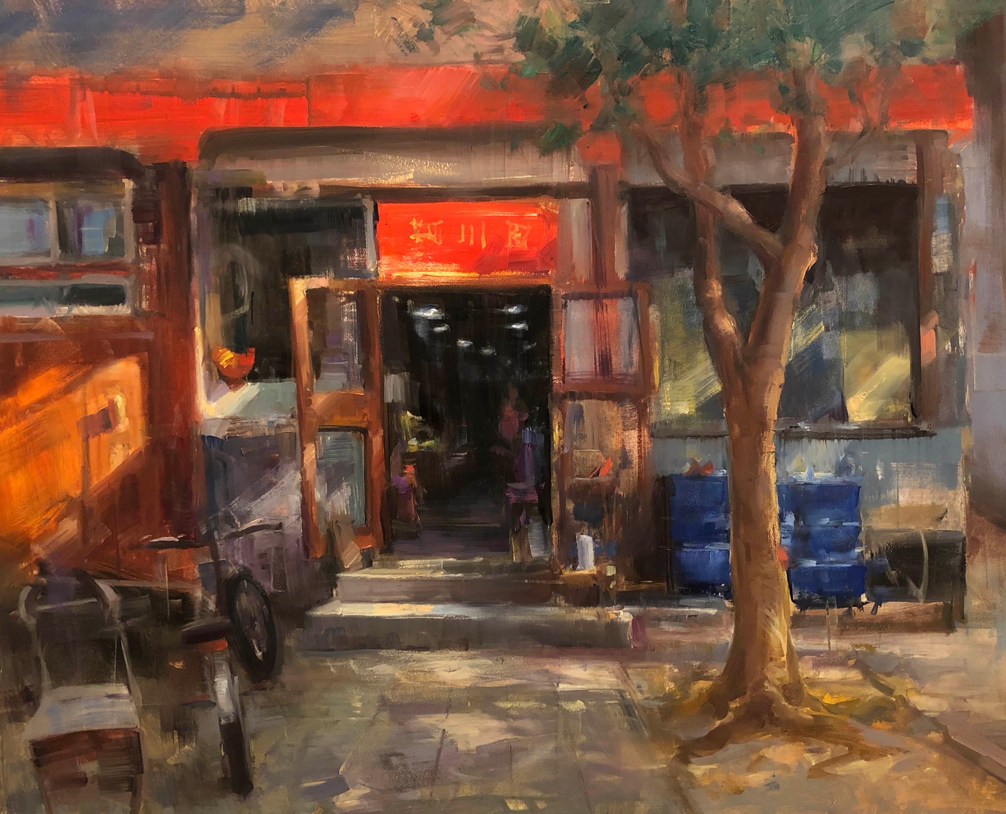 Bryan Mark Taylor Landscape Painting - Contemporary Impressionist China Scene "Dumpling Shop" Plein Air Oil 