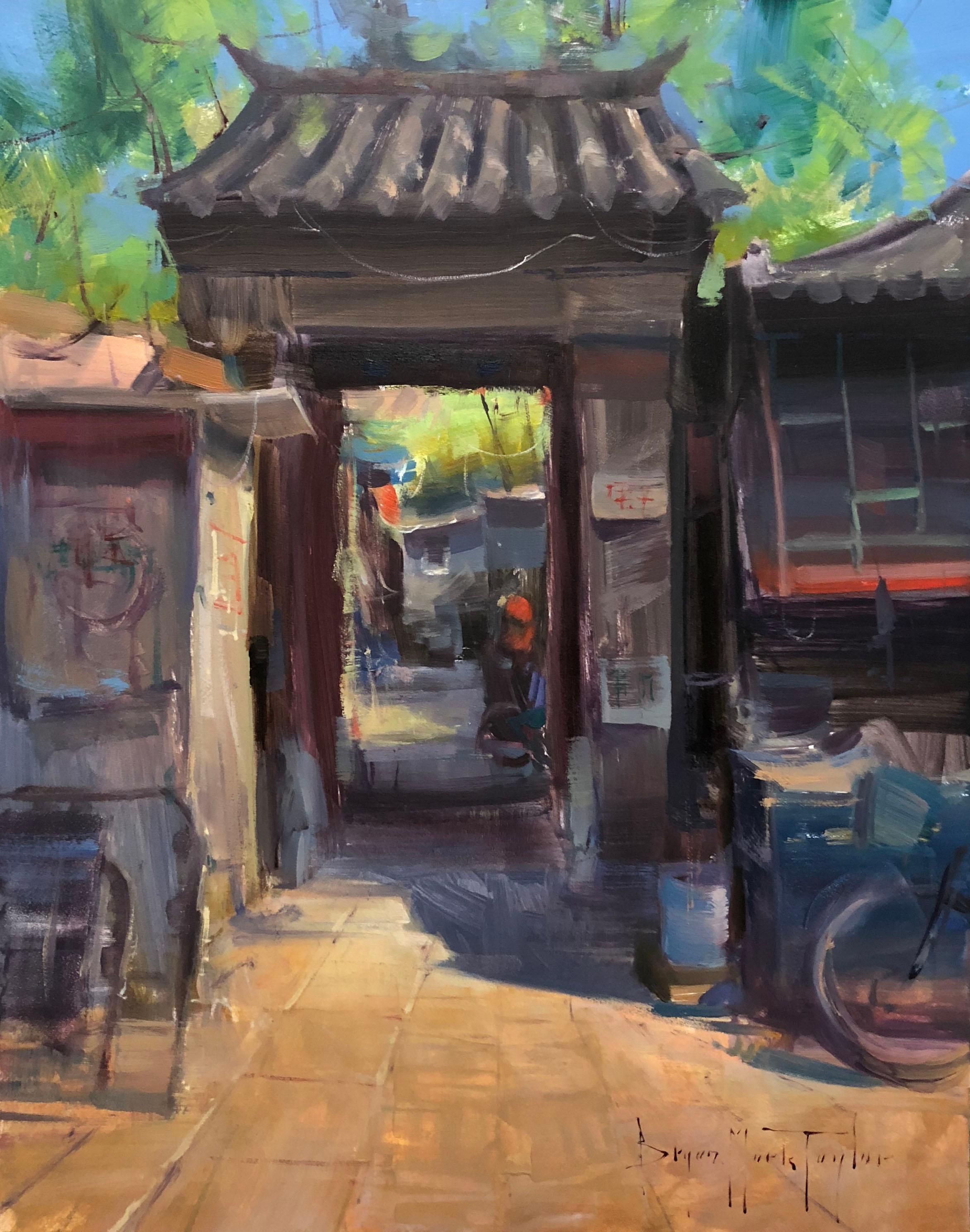 Landscape Painting de Bryan Mark Taylor - Escena china impresionista contemporánea "Puerta delantera" Óleo Plein Air