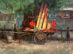 Contemporary Impressionist China Scene "Incense Cart" Plein Air Oil