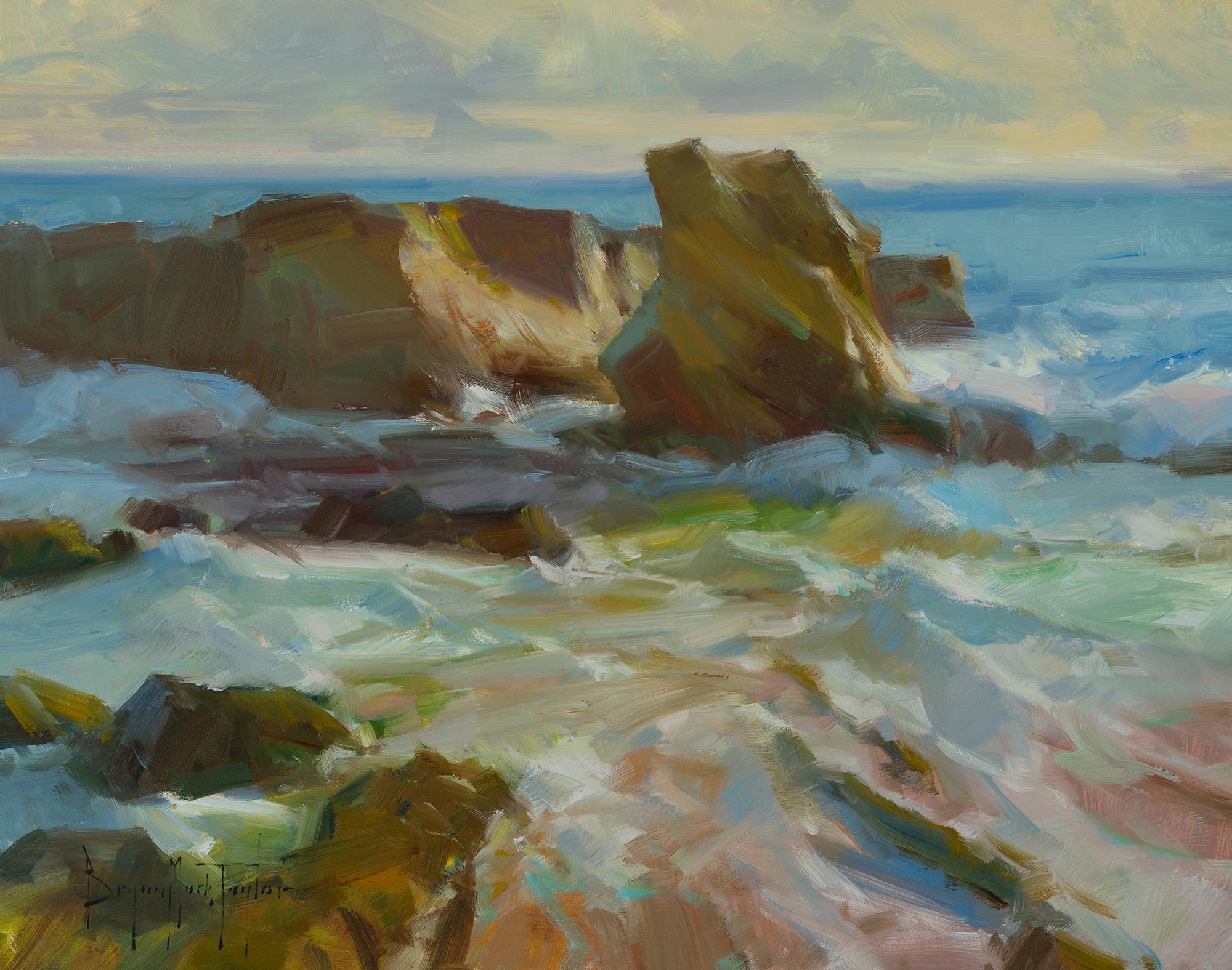 Landscape Painting de Bryan Mark Taylor - "Atardecer en Flag Point" Paisaje marino moderno impresionista de California