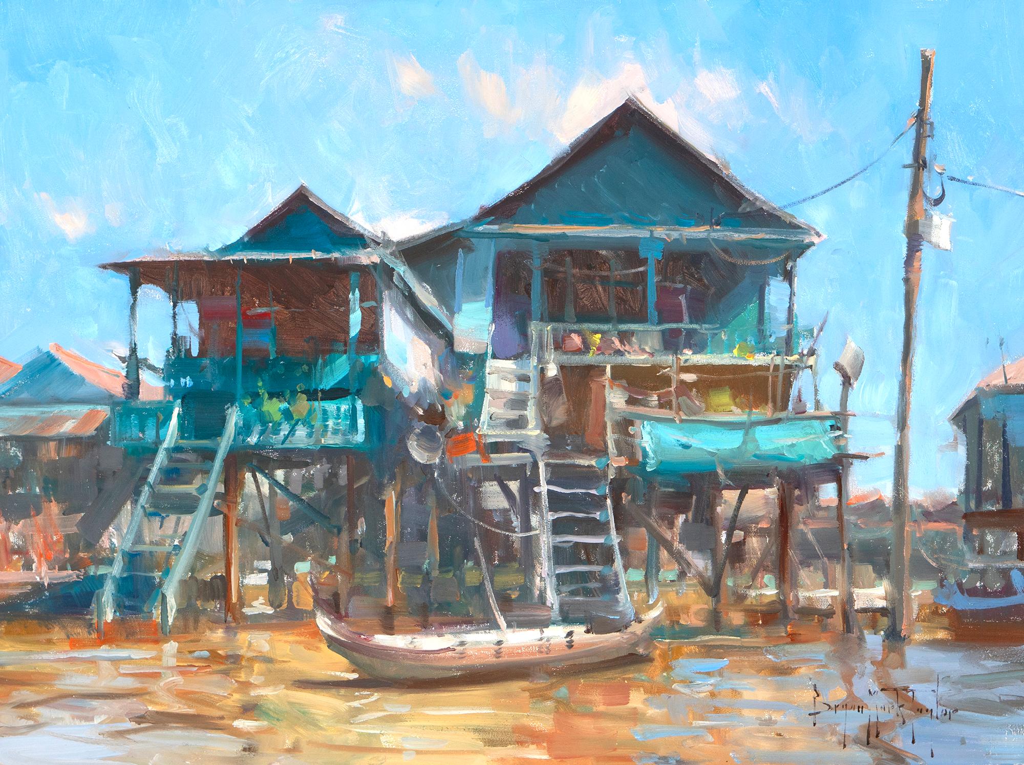 Bryan Mark Taylor Landscape Painting - "Floating City" Modern Impressionist Scene in Cambodia