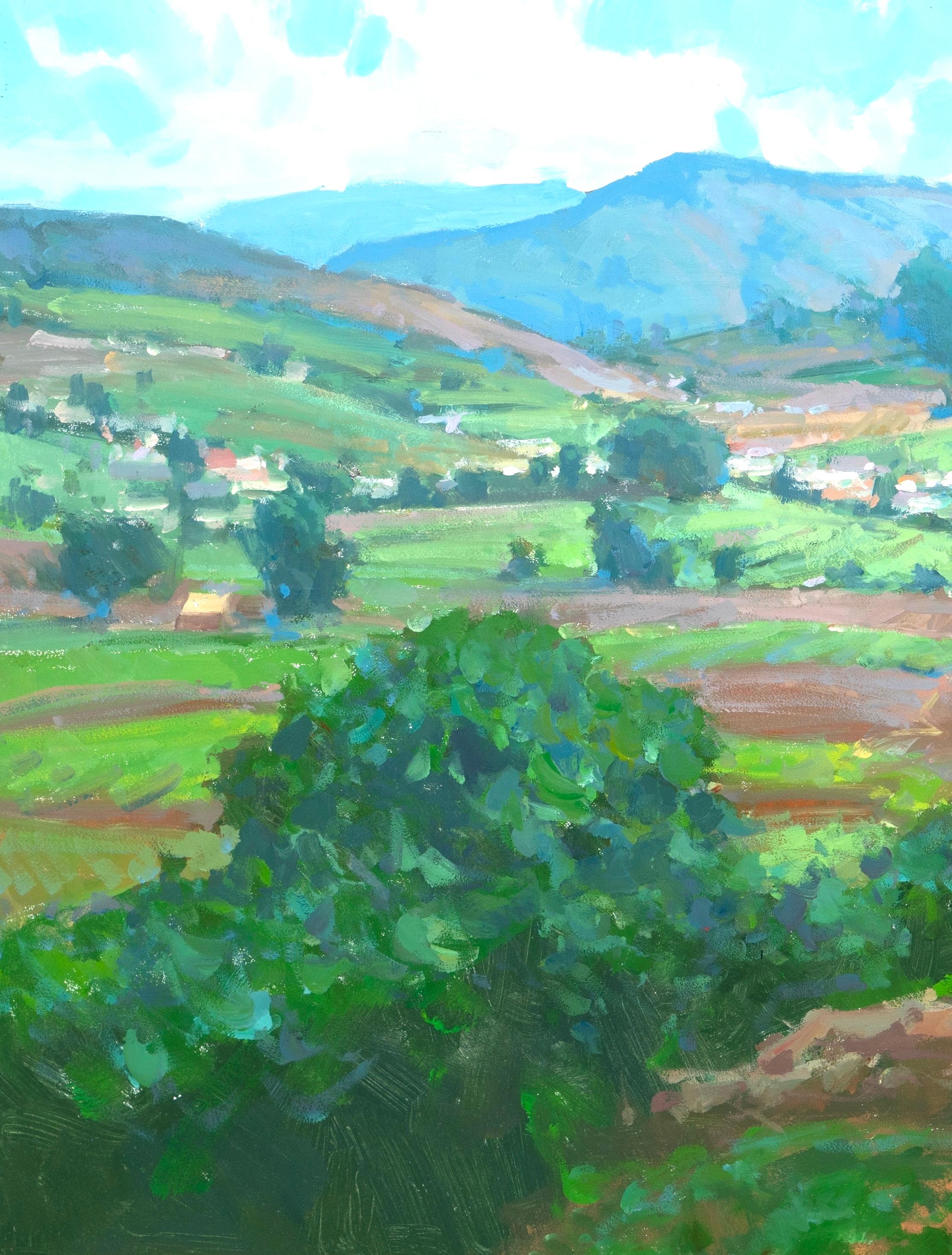 « Garden Valley Ooty », huile de ferme impressionniste moderne - Impressionnisme abstrait Painting par Bryan Mark Taylor