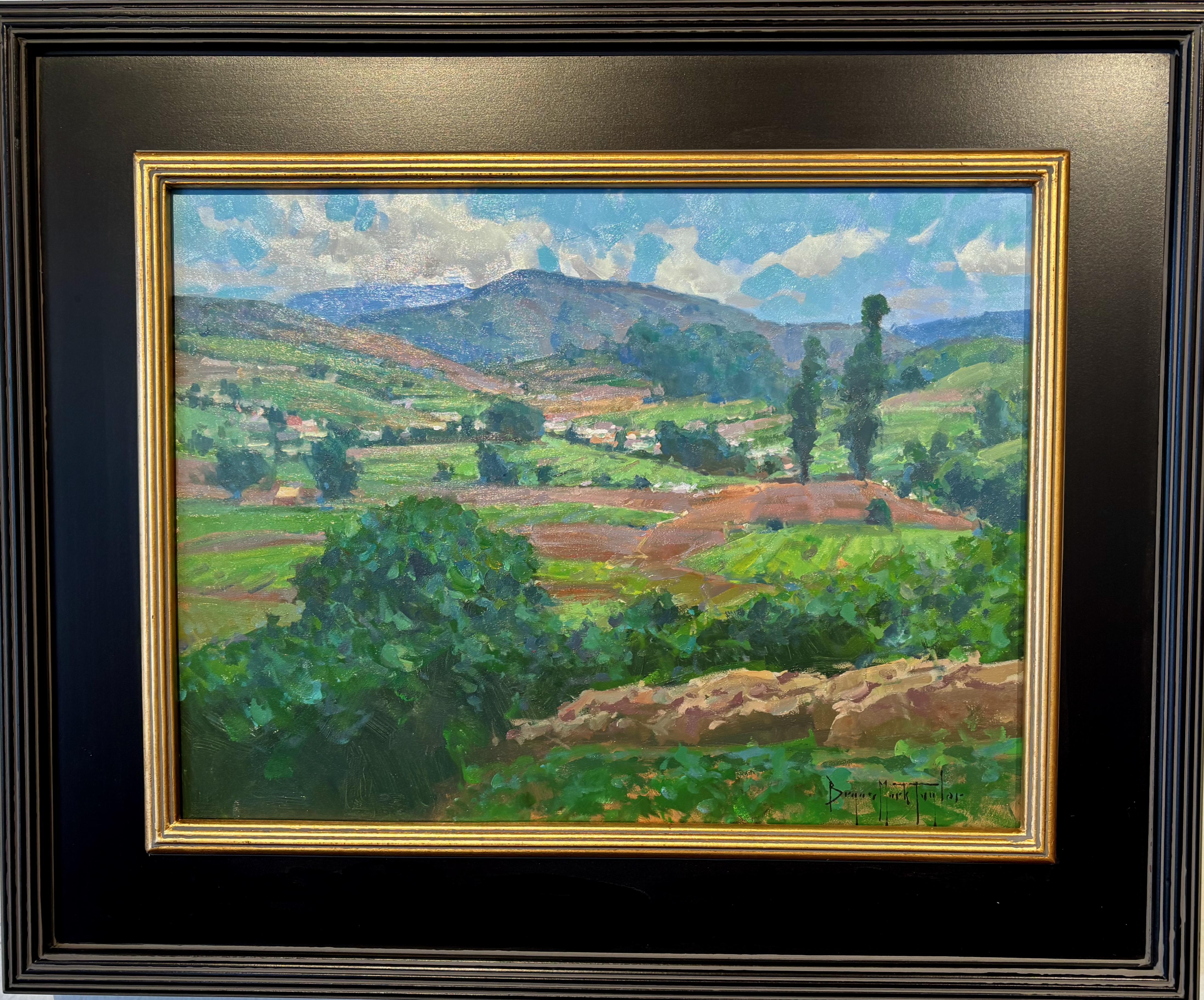 « Garden Valley Ooty », huile de ferme impressionniste moderne - Gris Landscape Painting par Bryan Mark Taylor
