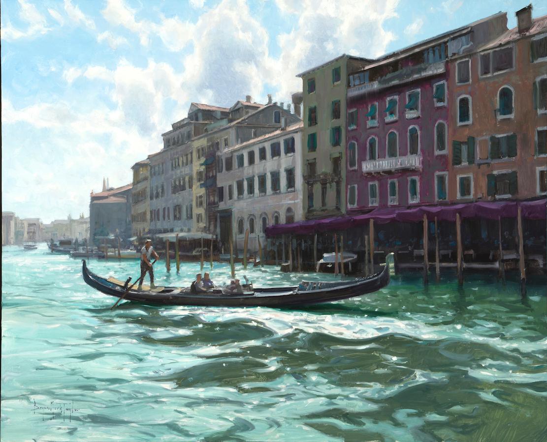 Bryan Mark Taylor Landscape Painting - "The Gondola Ride"  On A Canal In Venice